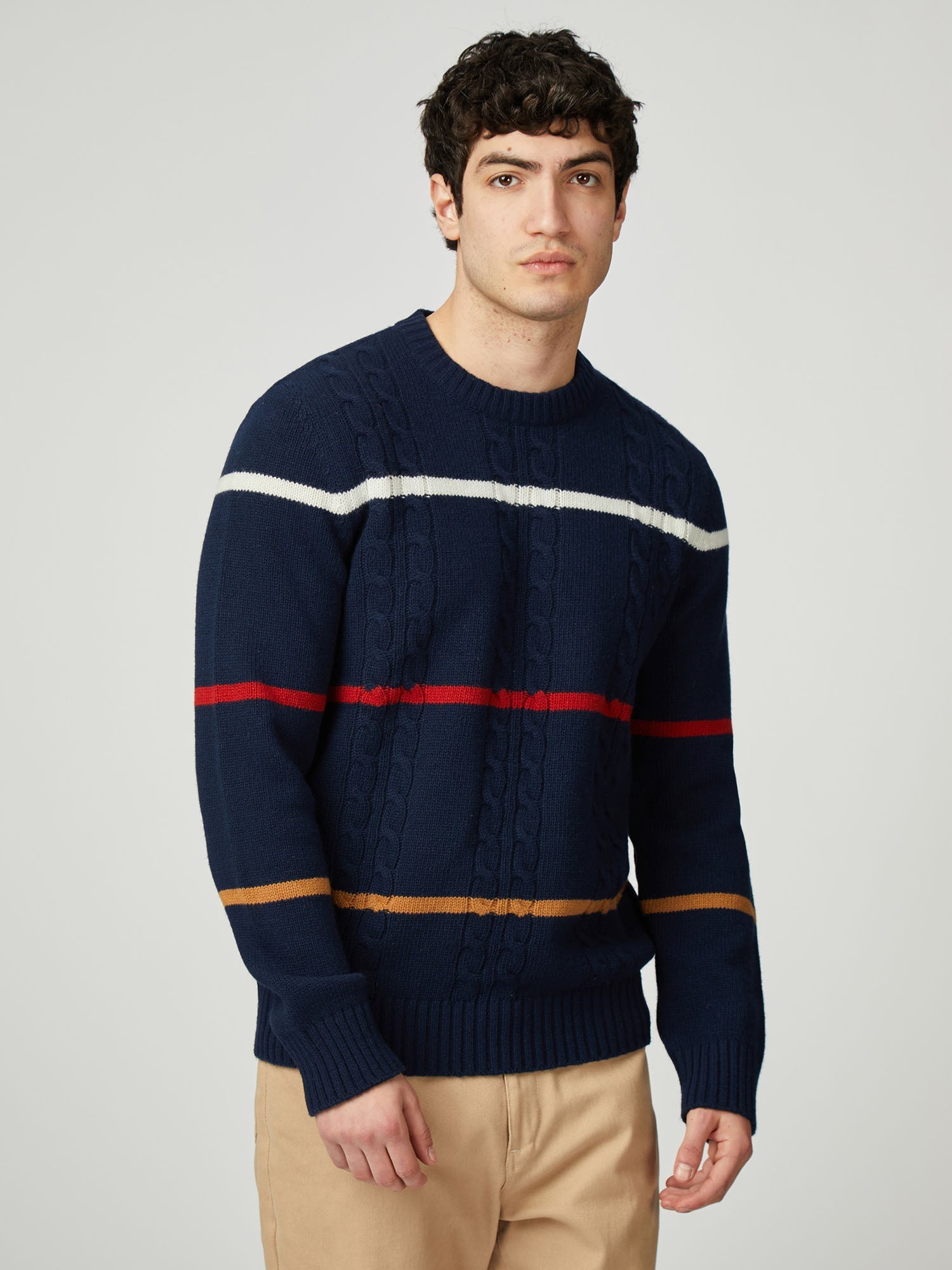 Ben Sherman - Cable Stripe Knitted Crew - Dark Navy
