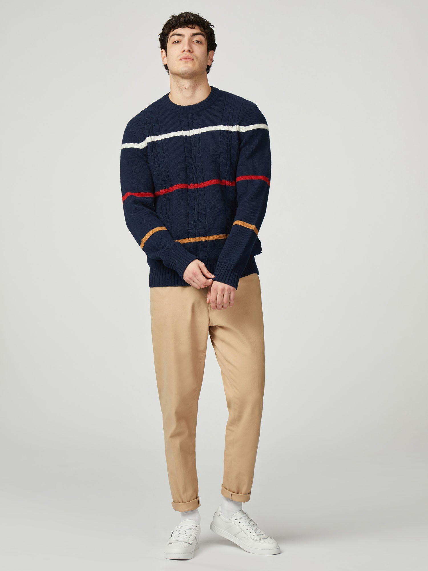 Ben Sherman - Cable Stripe Knitted Crew - Dark Navy