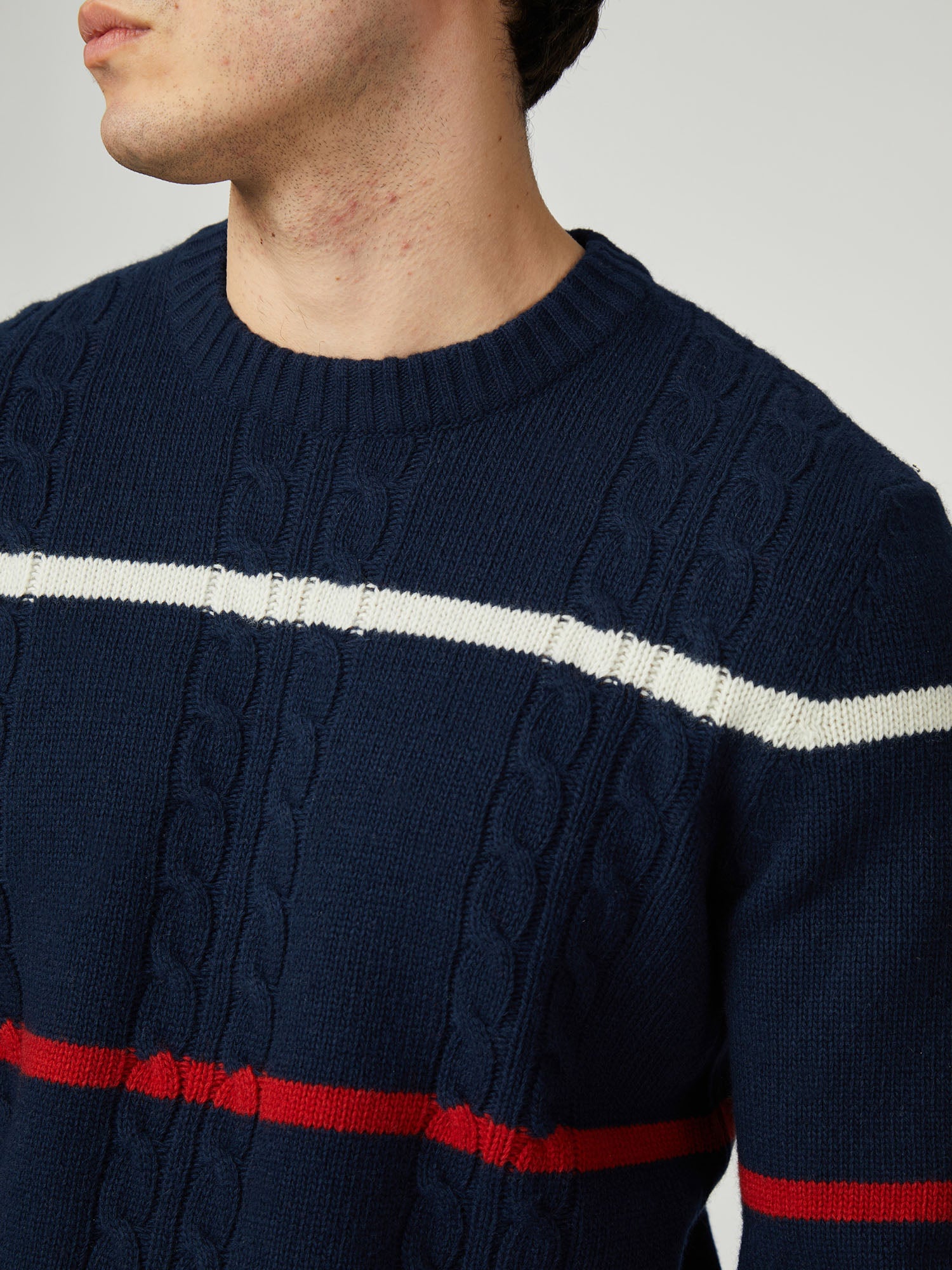 Ben Sherman - Cable Stripe Knitted Crew - Dark Navy