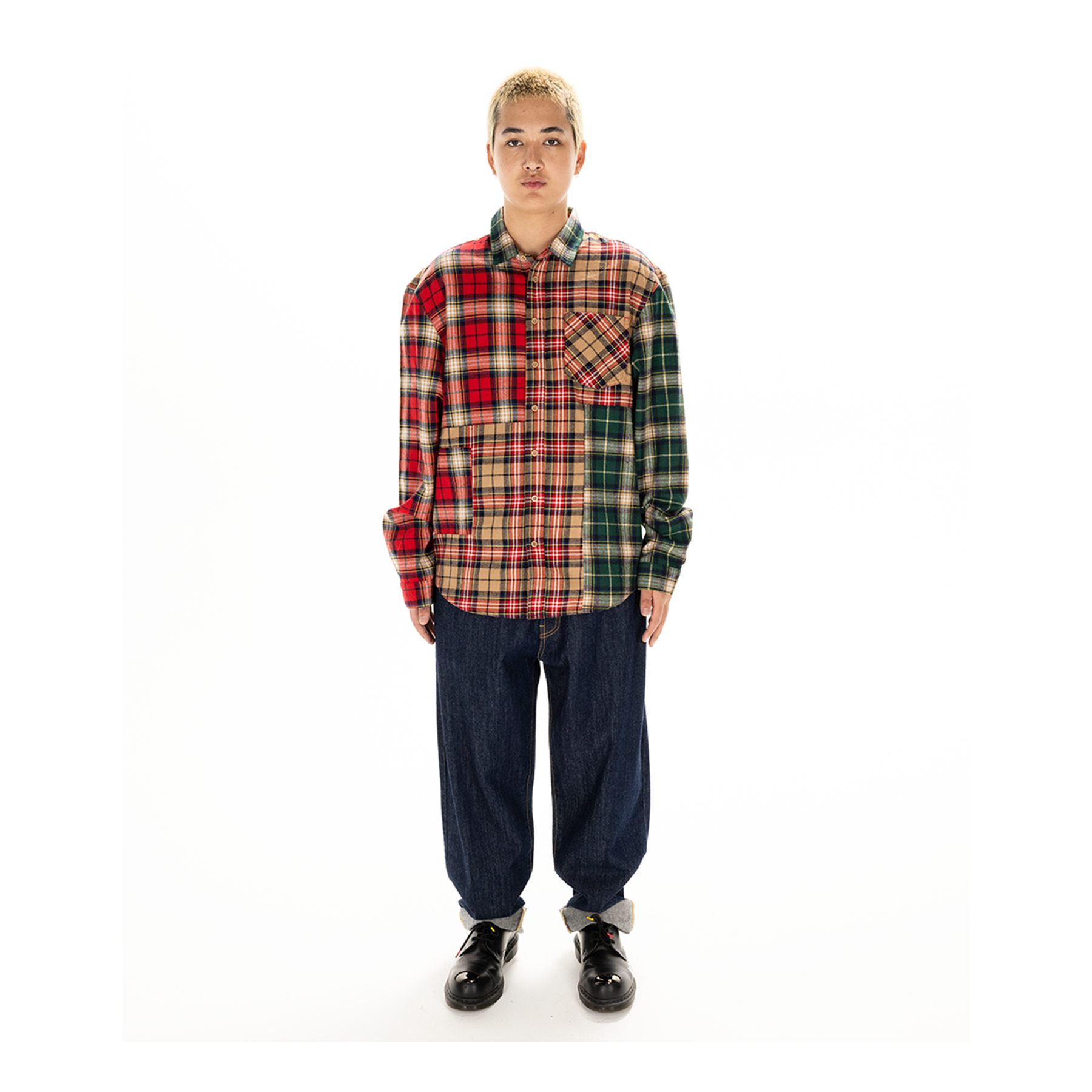 Taikan - Patchwork LS Shirt - Sand/Pine/Red