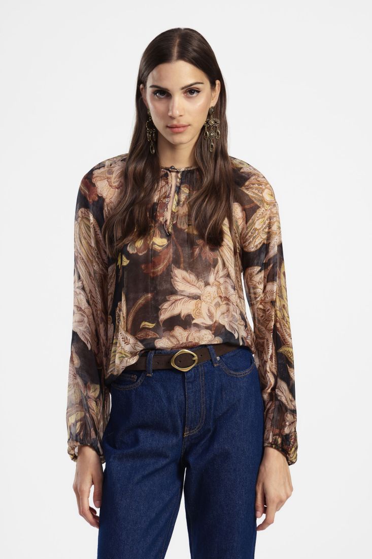 Dixie - Autumn Floral Print Blouse - Dark Brown