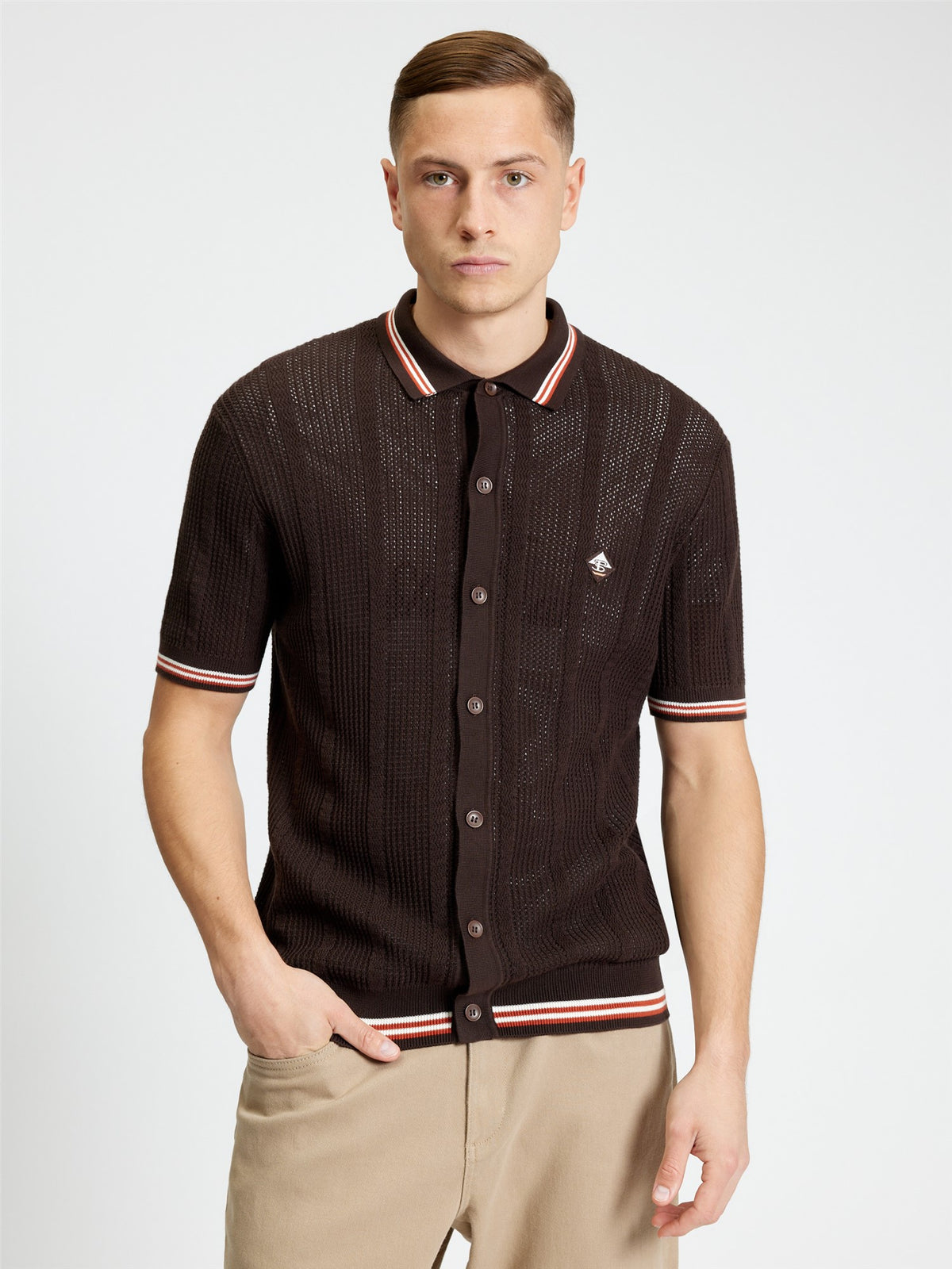 Ben Sherman - Open Texture Button Through Knitted SS Shirt - Coffee