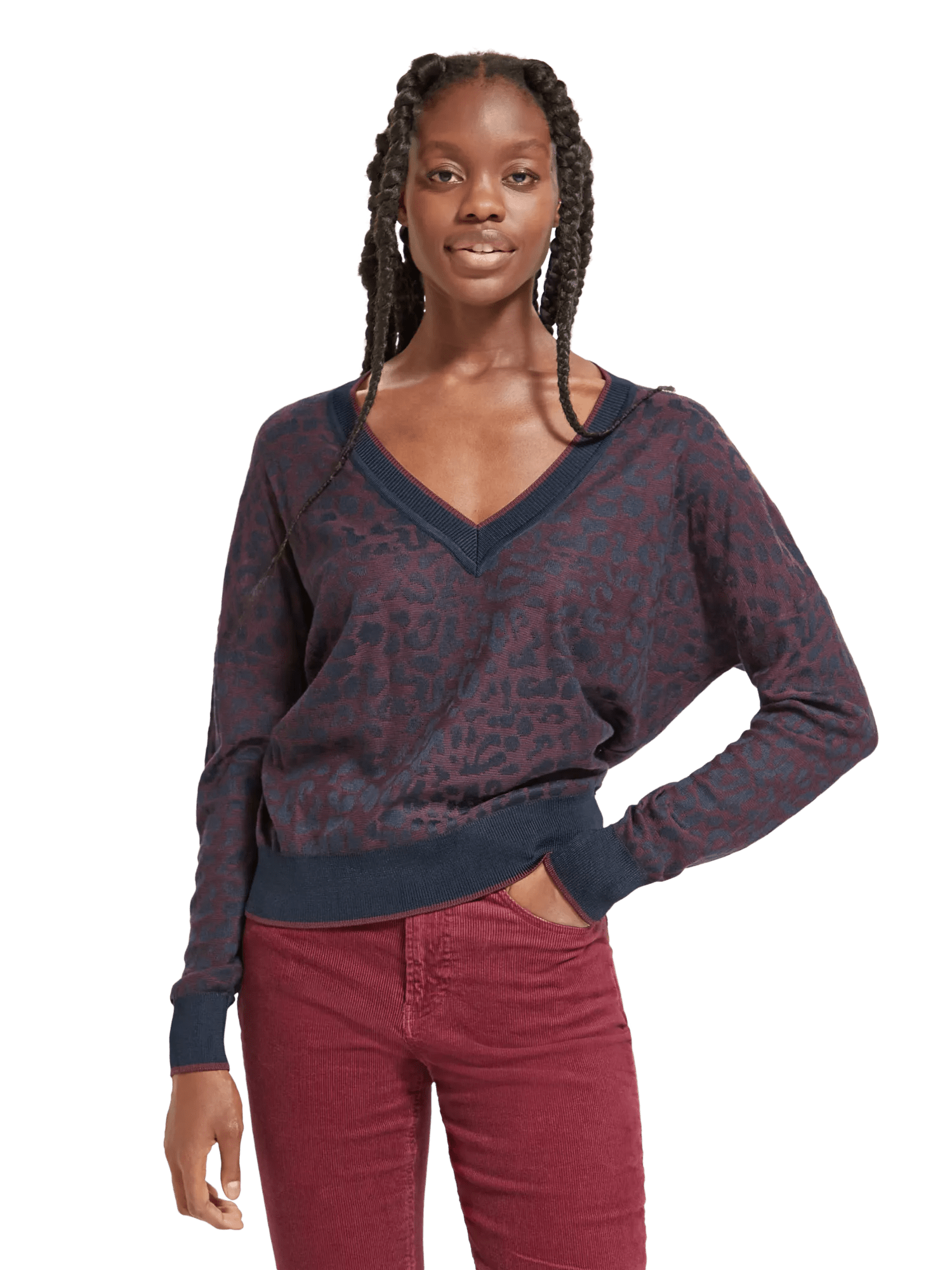 Maison Scotch - Animal Jacquard V-Neck Sweater - Bordeaux