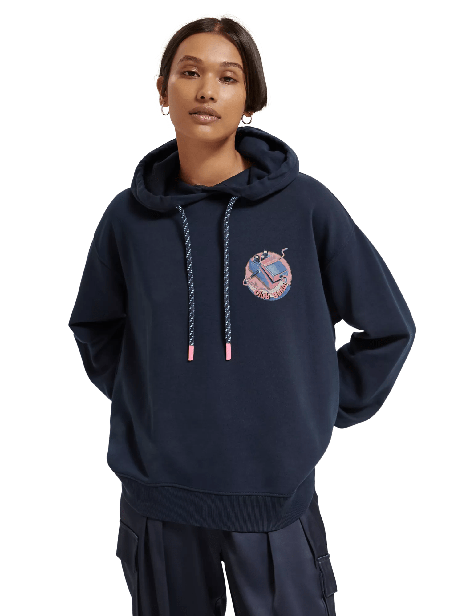 Navy blue graphic hoodie sale