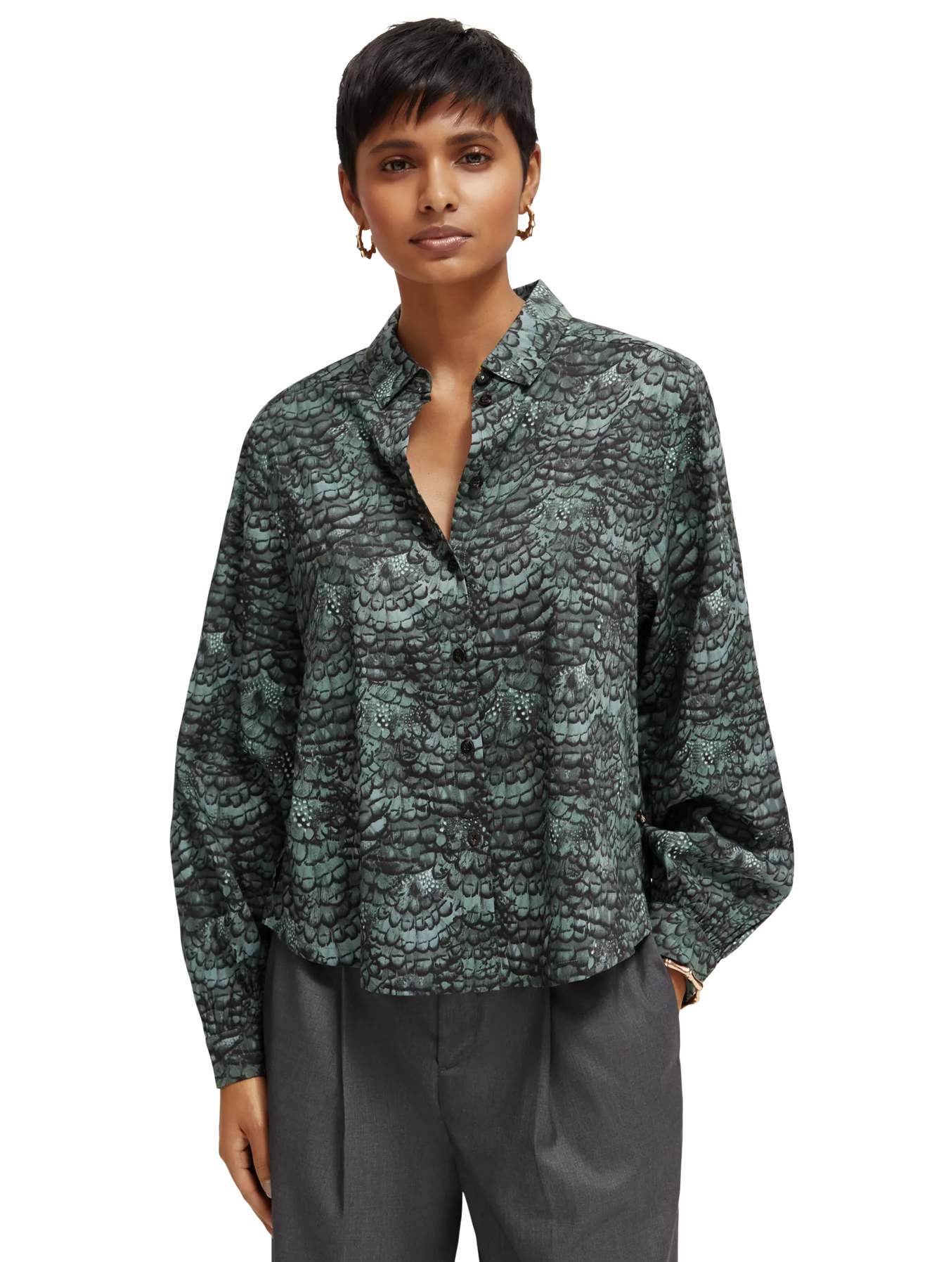 Maison Scotch - Printed Balloon Sleeve Shirt - Feather Bottle Green