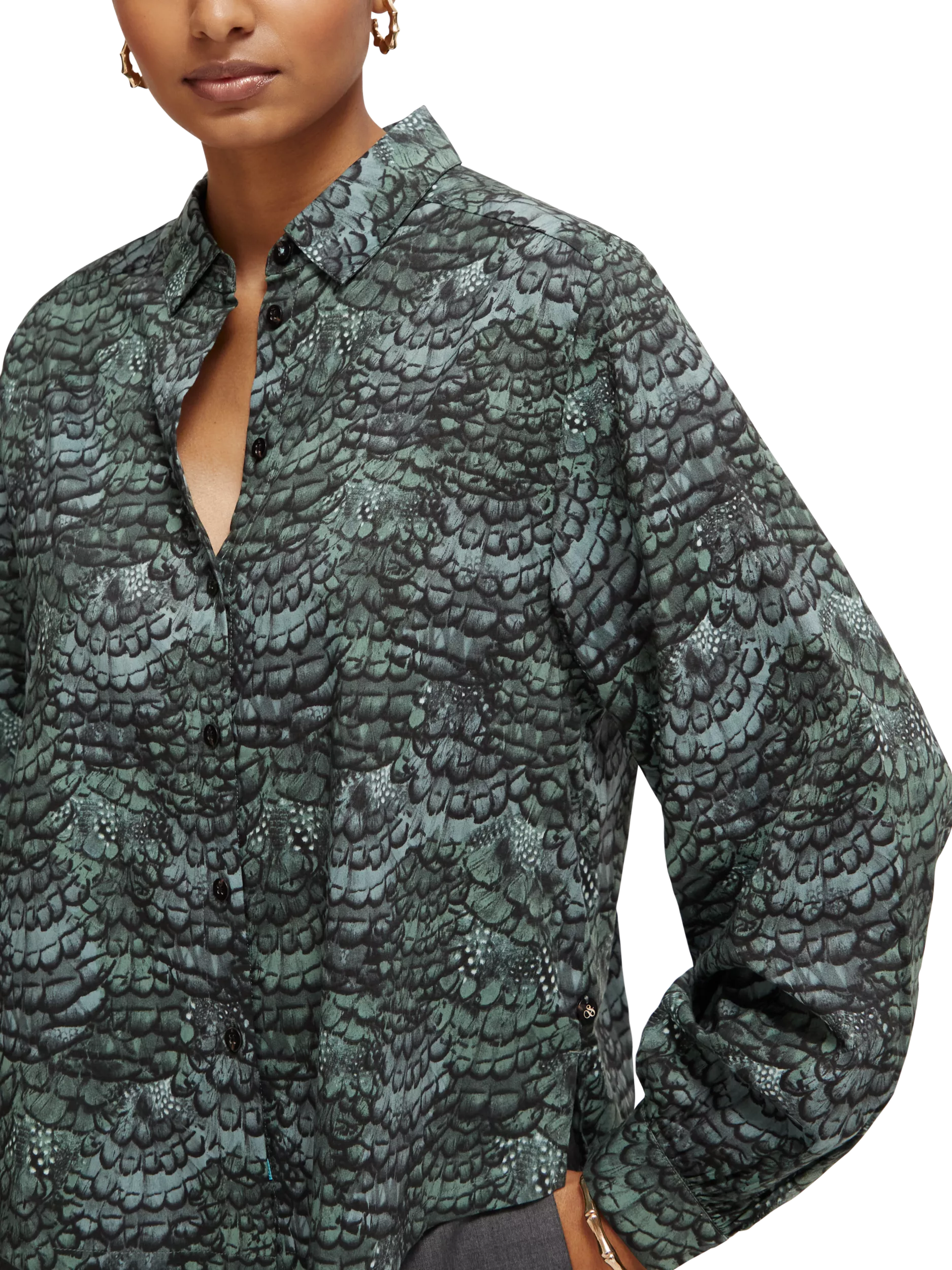 Maison Scotch - Printed Balloon Sleeve Shirt - Feather Bottle Green