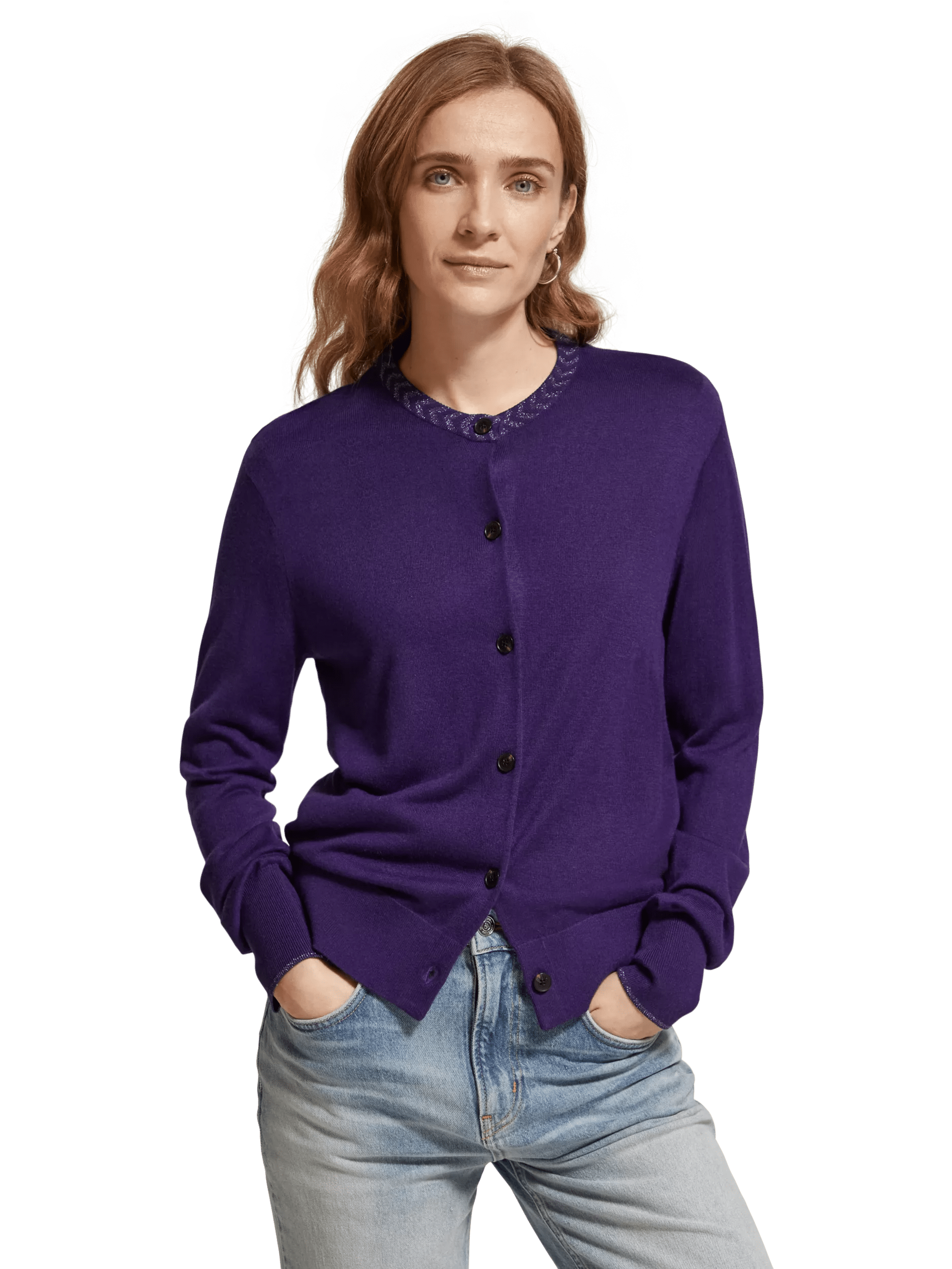 Maison Scotch Crewneck Jacquard Cardigan Aubergine