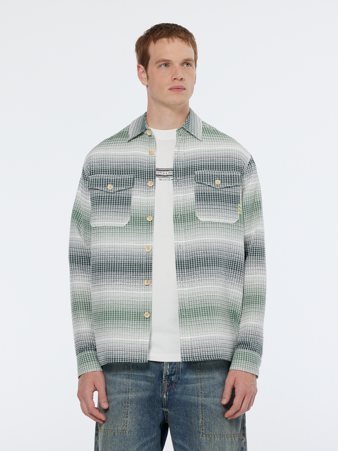 Scotch & Soda - Relaxed Fit Stripe Waffle Shirt - Amsterdam Green Stripe