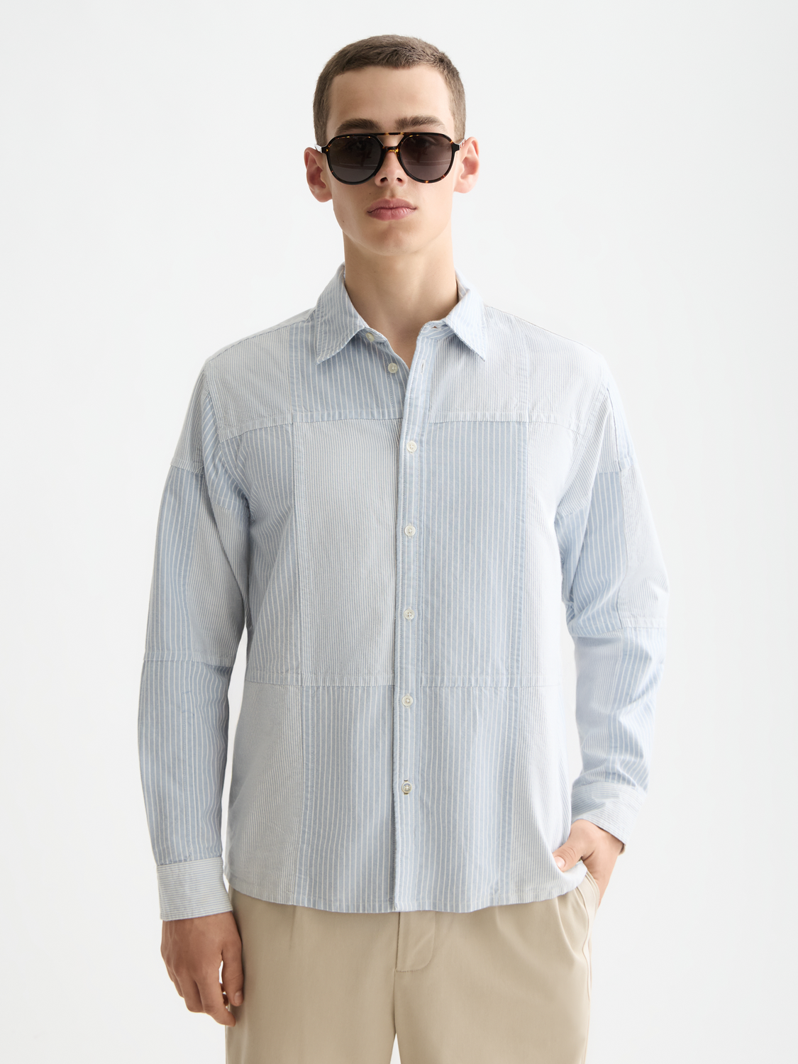 Scotch & Soda - Patchwork Relaxed Fit Oxford Shirt - Blue/Blue Stripe