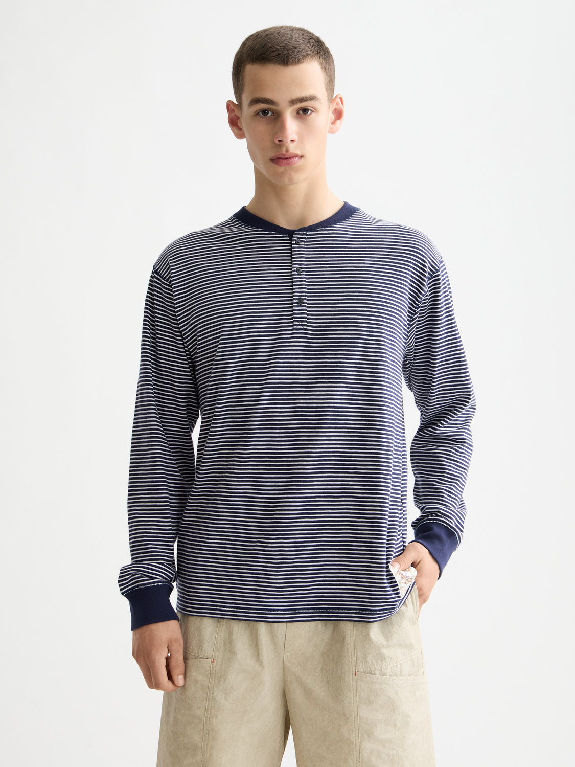 Scotch & Soda - Relaxed Fit Striped Henley LS Tee - Navy/White Stripe