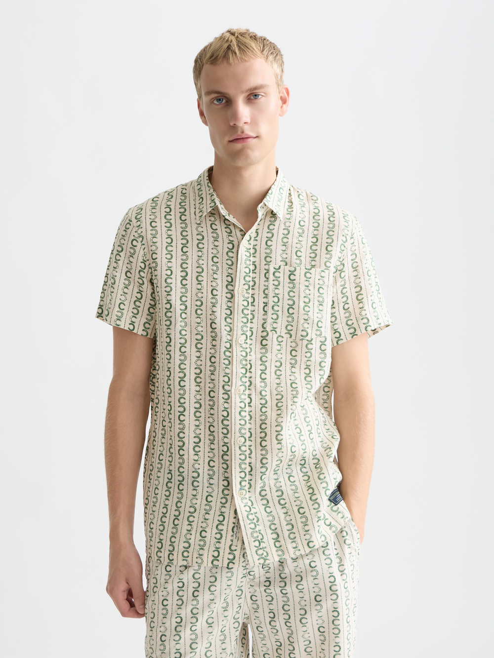 Scotch & Soda - Printed Regular Fit Linen SS Shirt - Horseshoe Stripe Eggnog