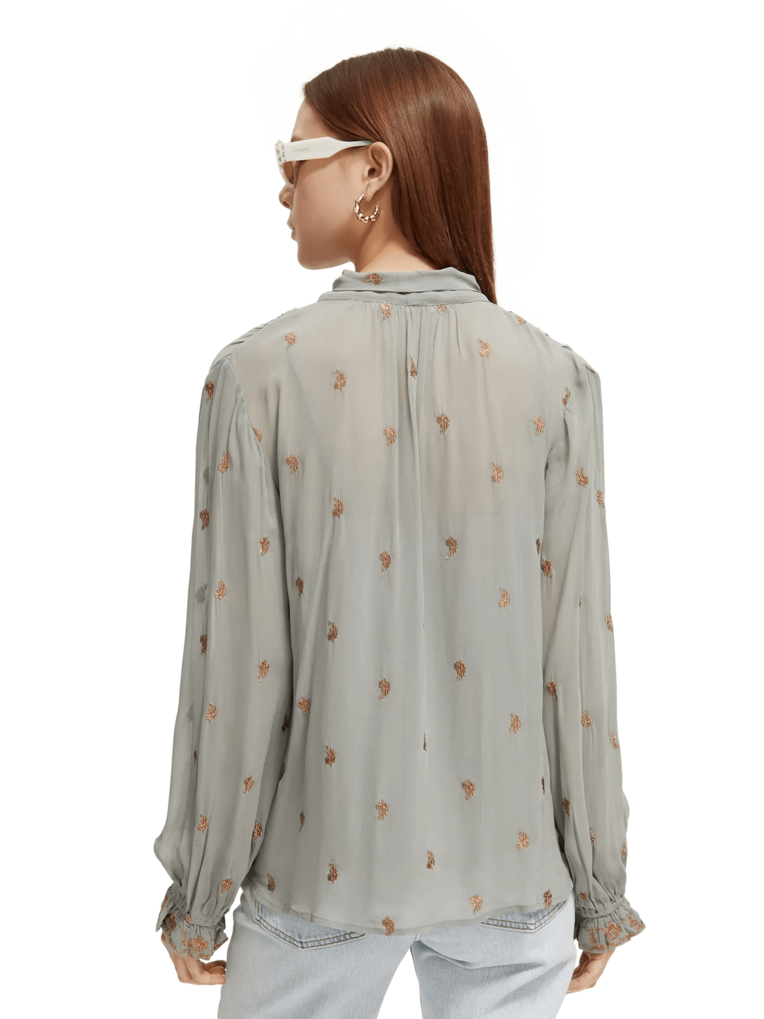 Maison Scotch - Embroidered Neck-Tie Blouse - Grey Sheer Jacquard