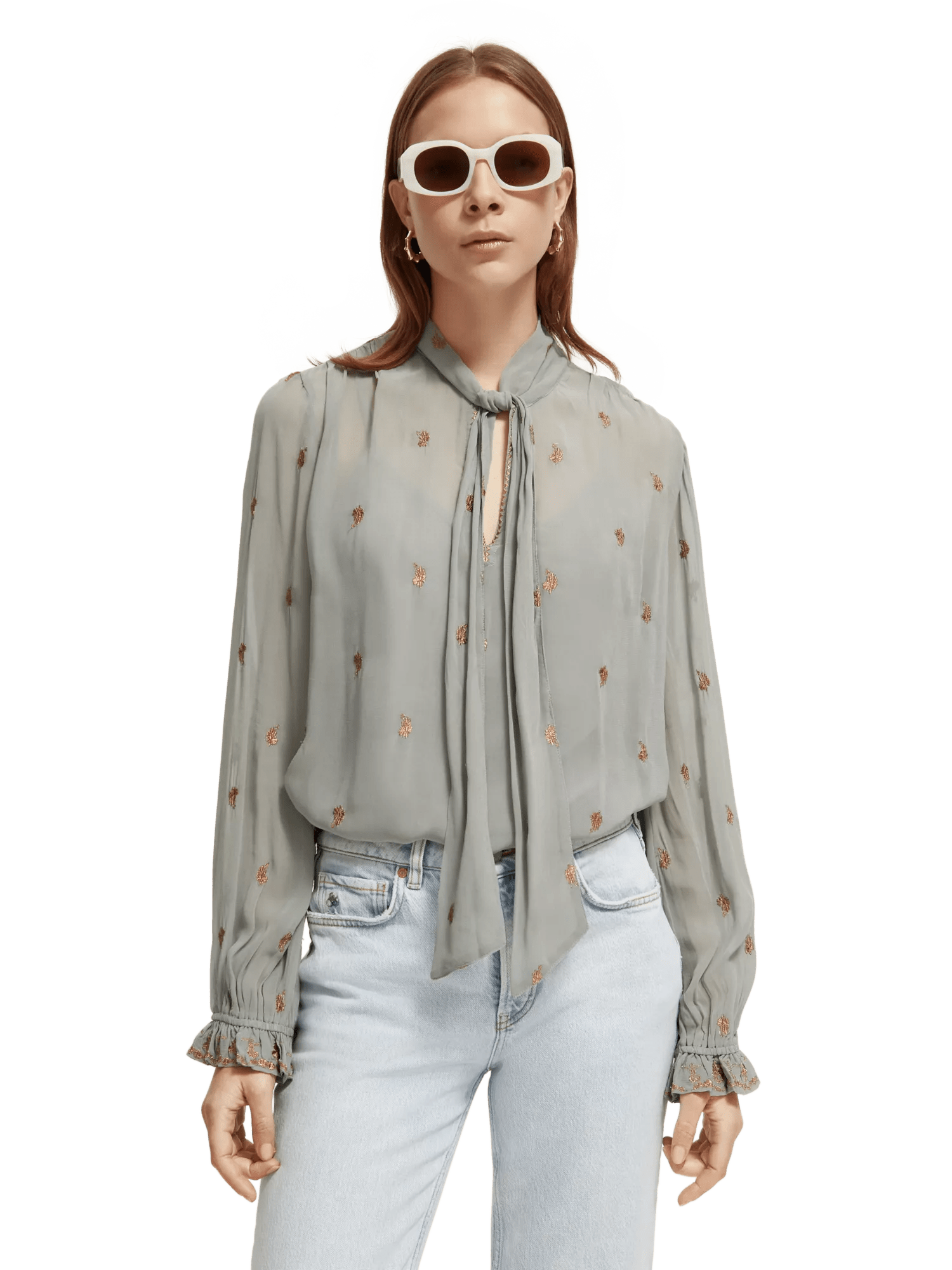 Maison Scotch - Embroidered Neck-Tie Blouse - Grey Sheer Jacquard