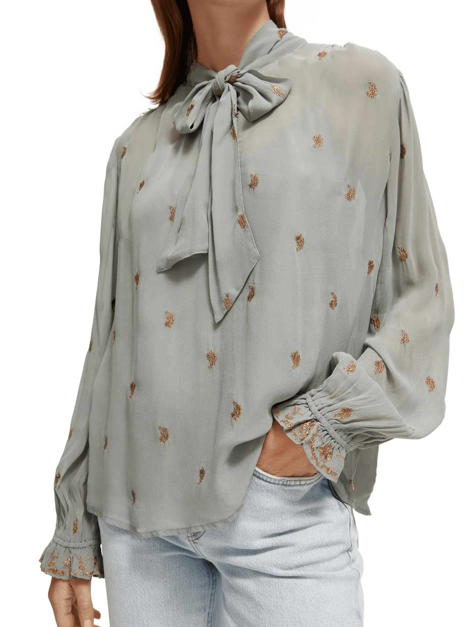 Maison Scotch - Embroidered Neck-Tie Blouse - Grey Sheer Jacquard