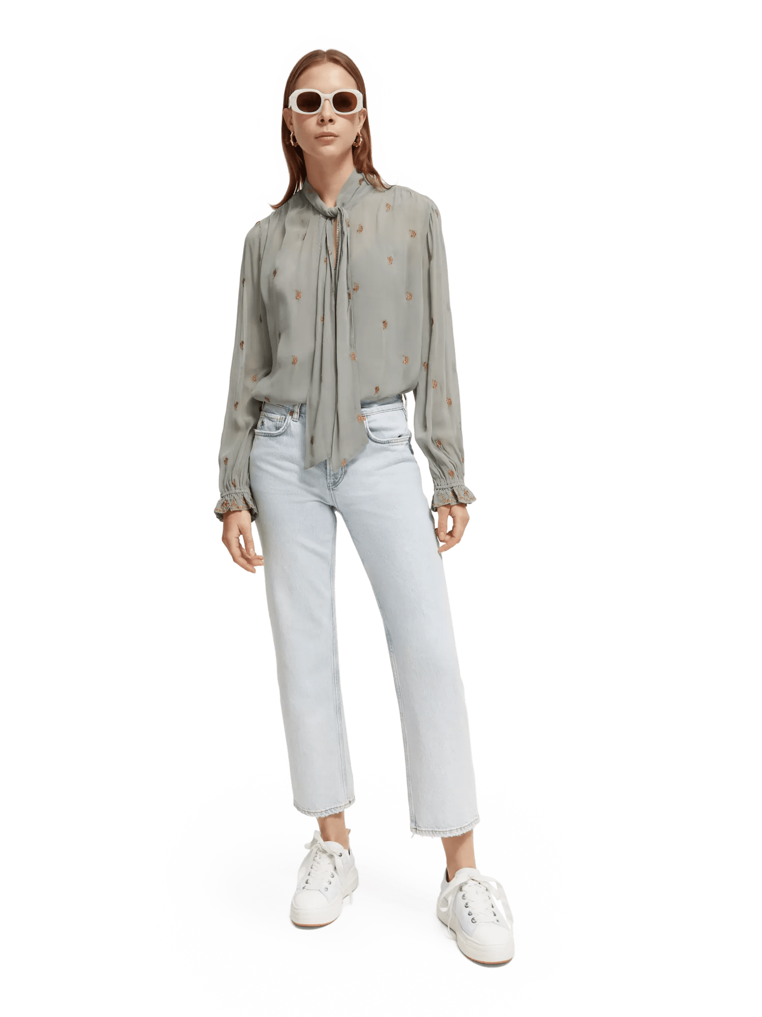Maison Scotch - Embroidered Neck-Tie Blouse - Grey Sheer Jacquard