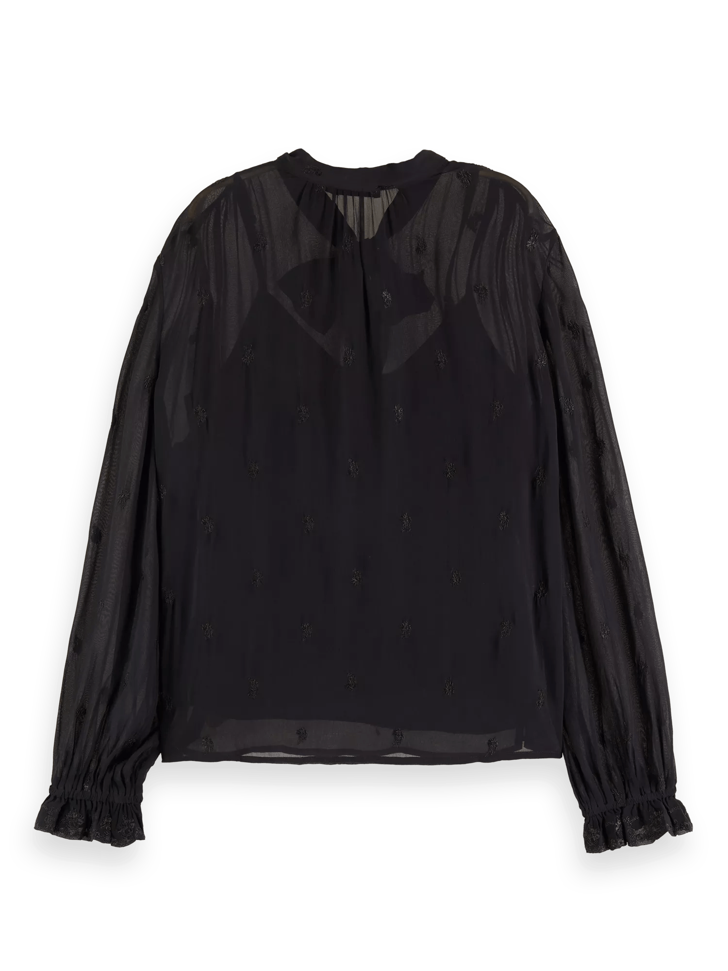 Maison Scotch - Embroidered Neck-Tie Blouse - Black Sheer Jacquard