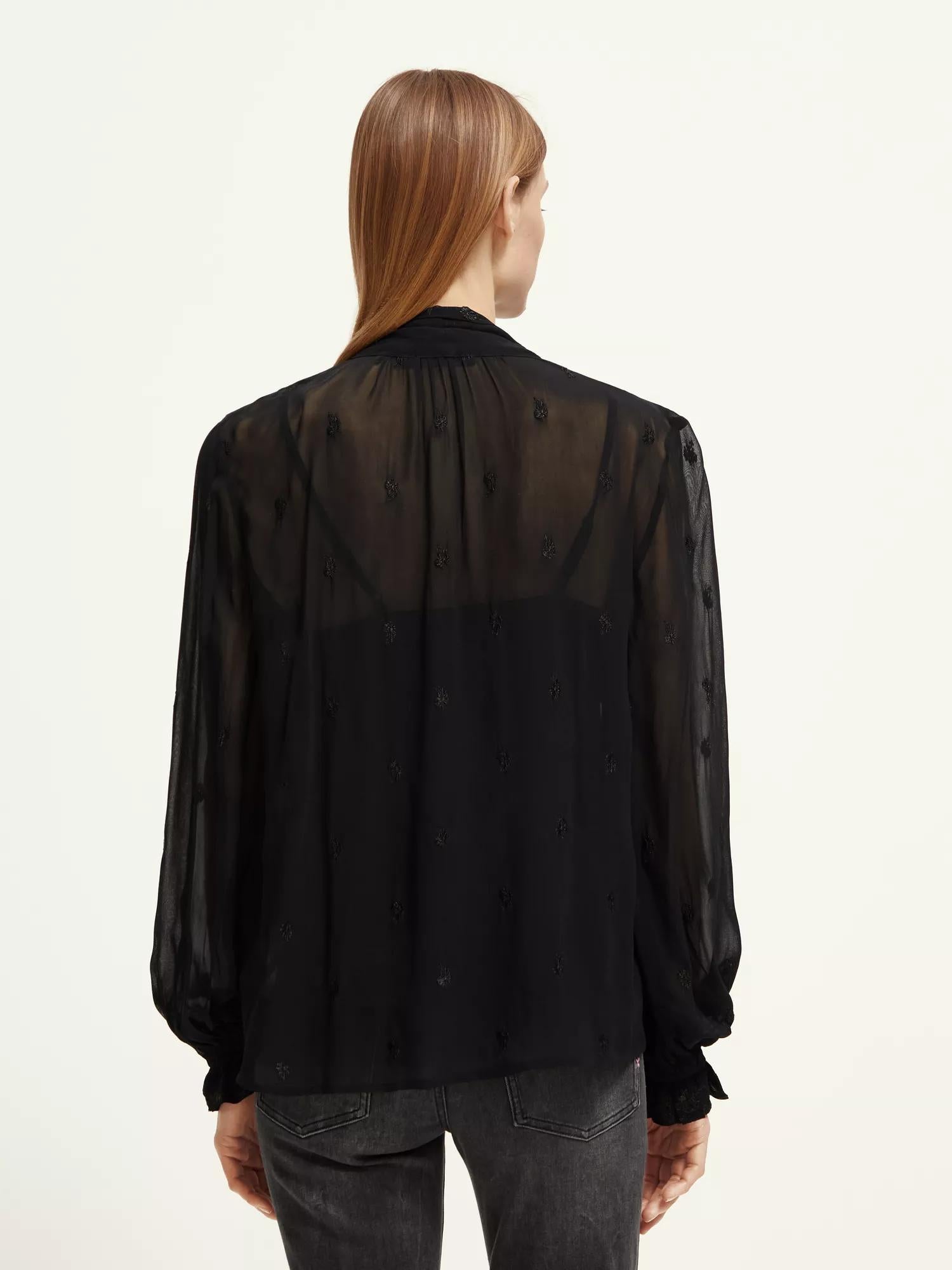 Maison Scotch - Embroidered Neck-Tie Blouse - Black Sheer Jacquard