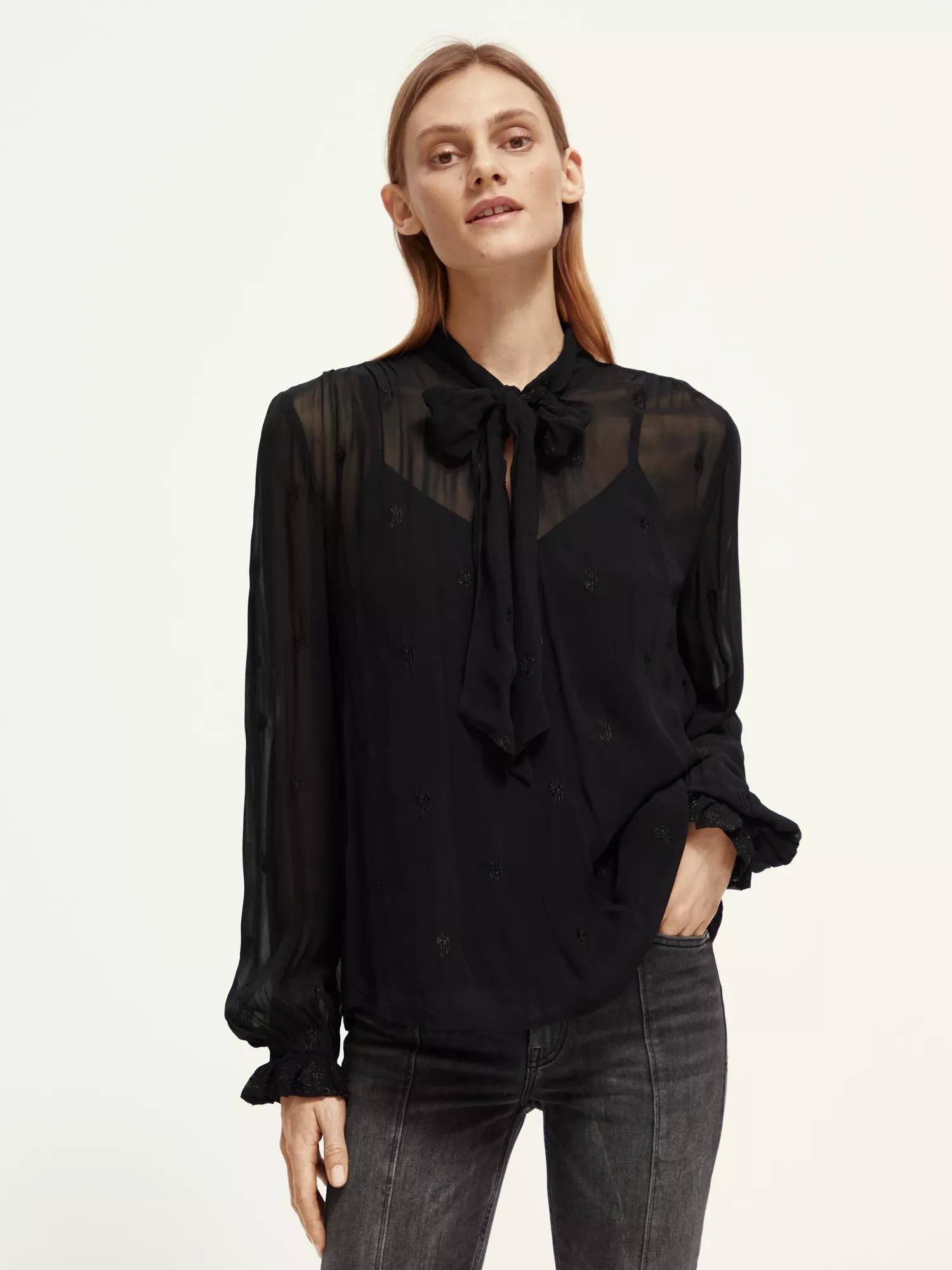 Maison Scotch - Embroidered Neck-Tie Blouse - Black Sheer Jacquard