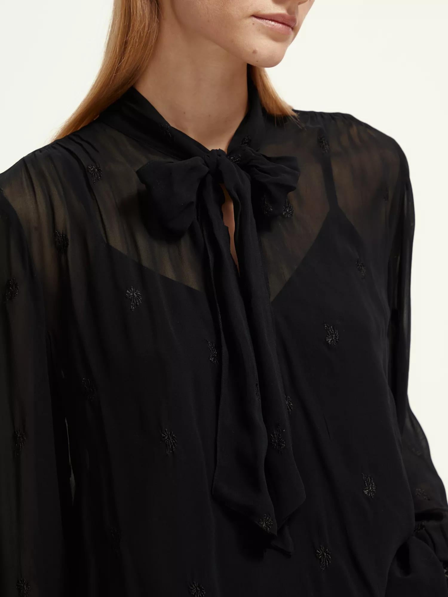 Maison Scotch - Embroidered Neck-Tie Blouse - Black Sheer Jacquard