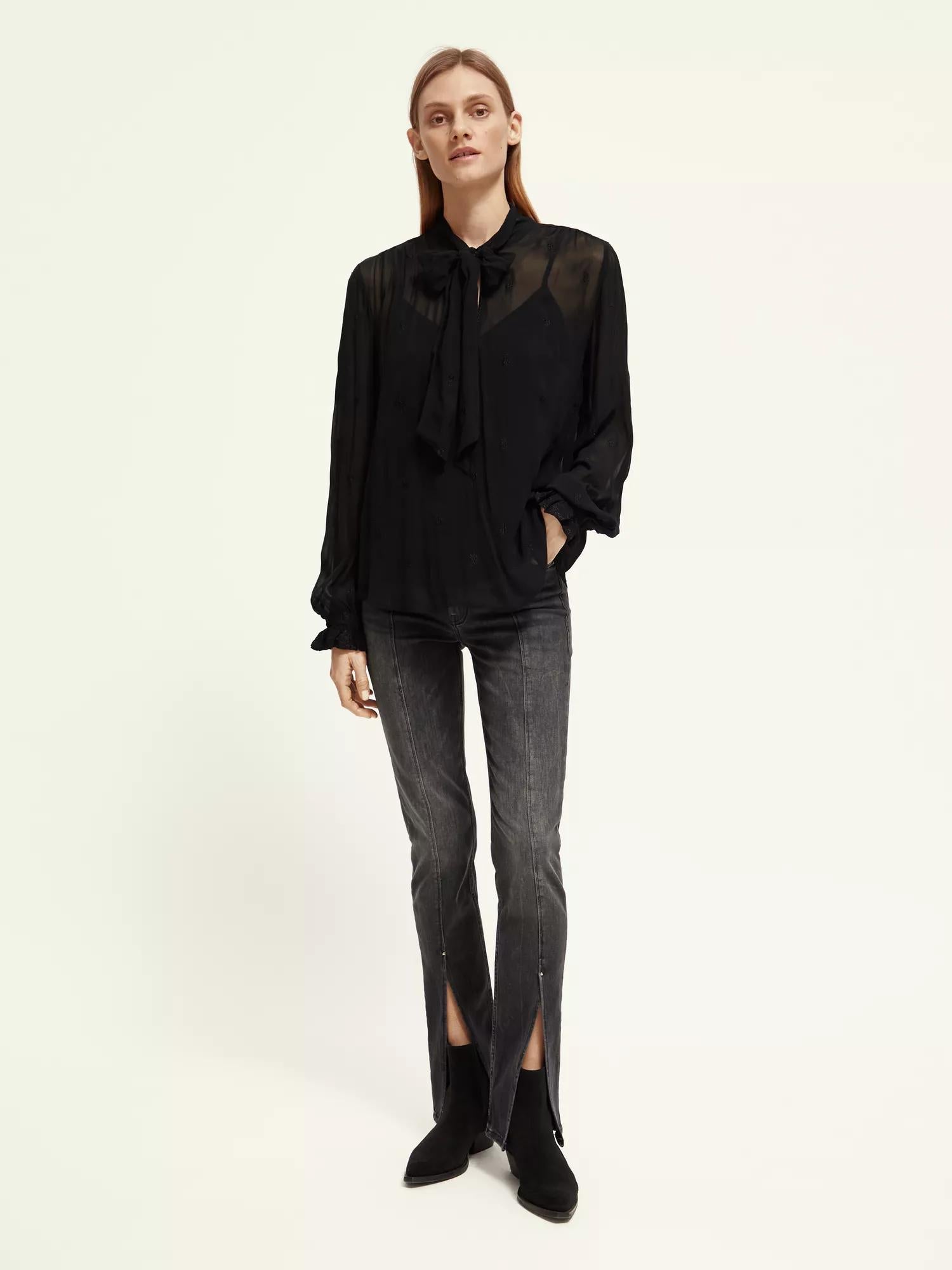 Maison Scotch - Embroidered Neck-Tie Blouse - Black Sheer Jacquard