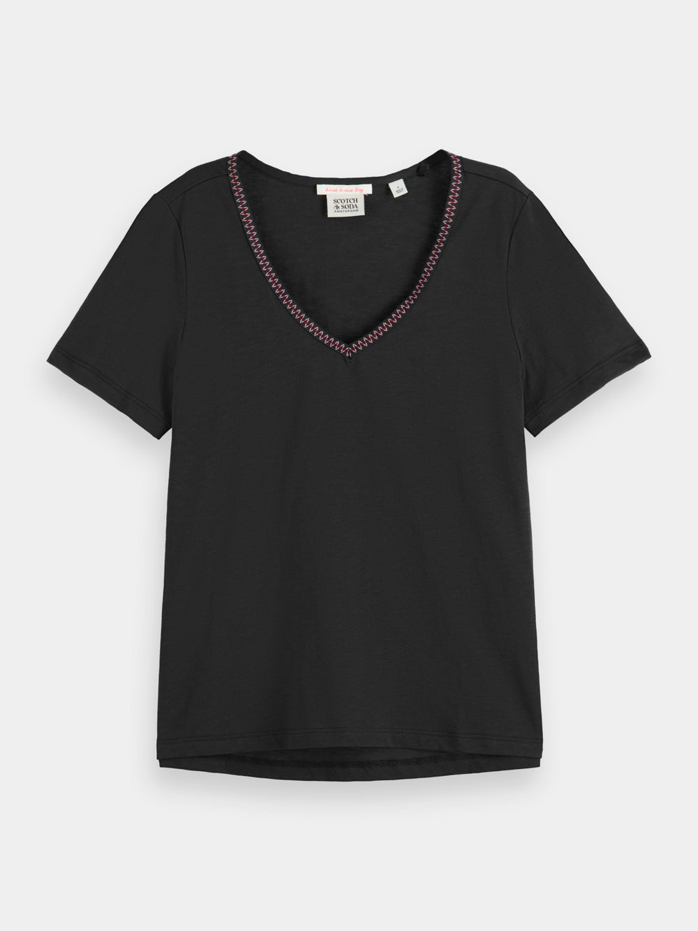Maison Scotch - Woven Trim V-Neck Tee - Evening Black