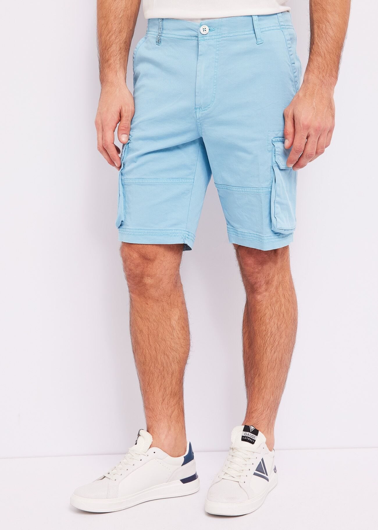 【Anyone more】Raum Cotton Cargo Midi Shorts Stretch Cotton Mid Blue Cargo Shorts