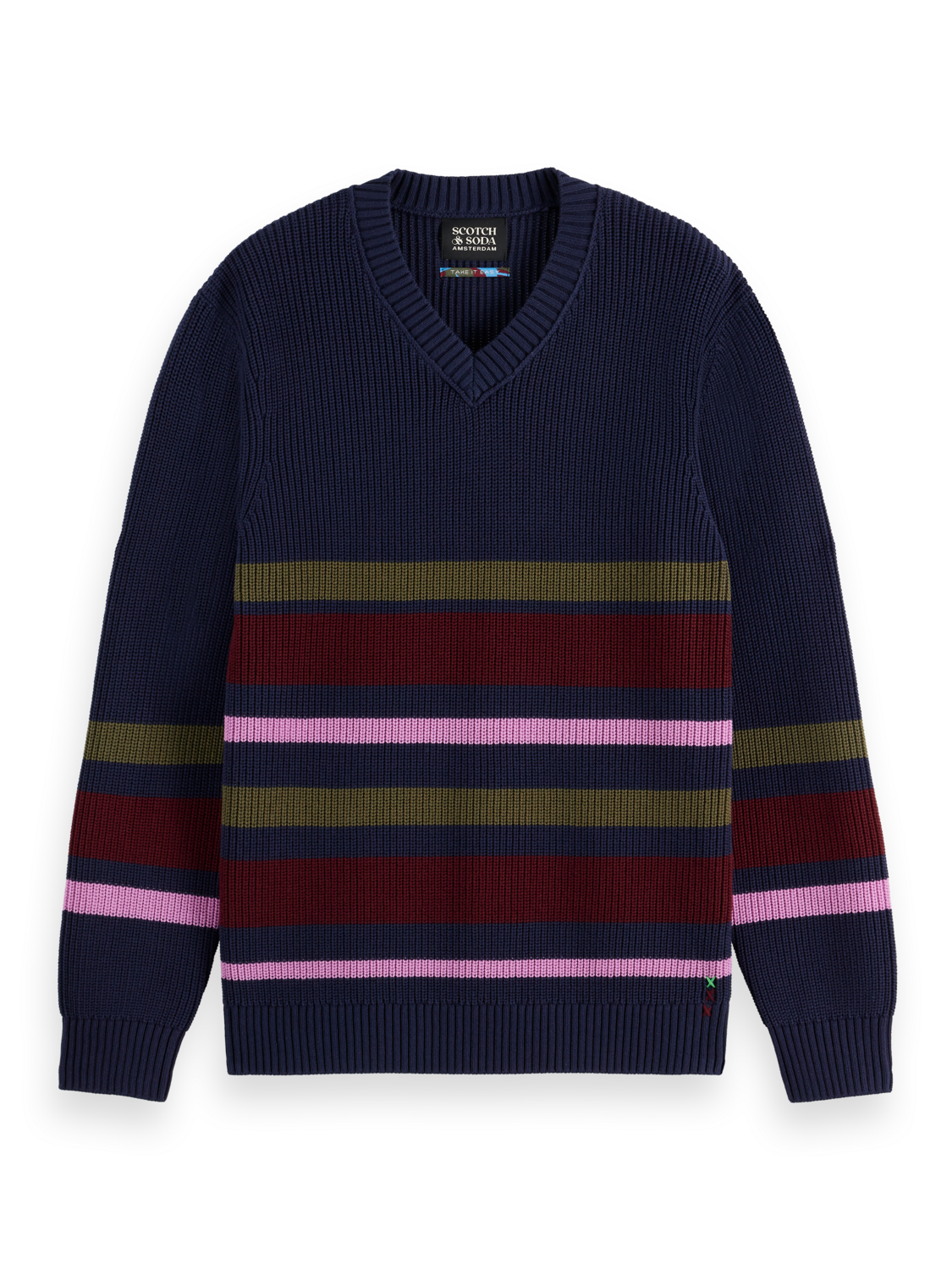 Scotch & Soda - Regular Fit Striped V-Neck Pullover - Navy