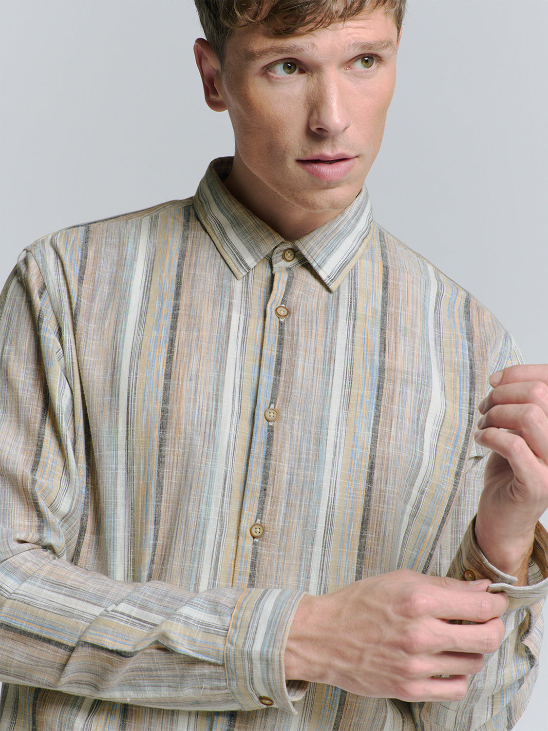 No Excess - Slub Multi Coloured Stripes Shirt - Blue