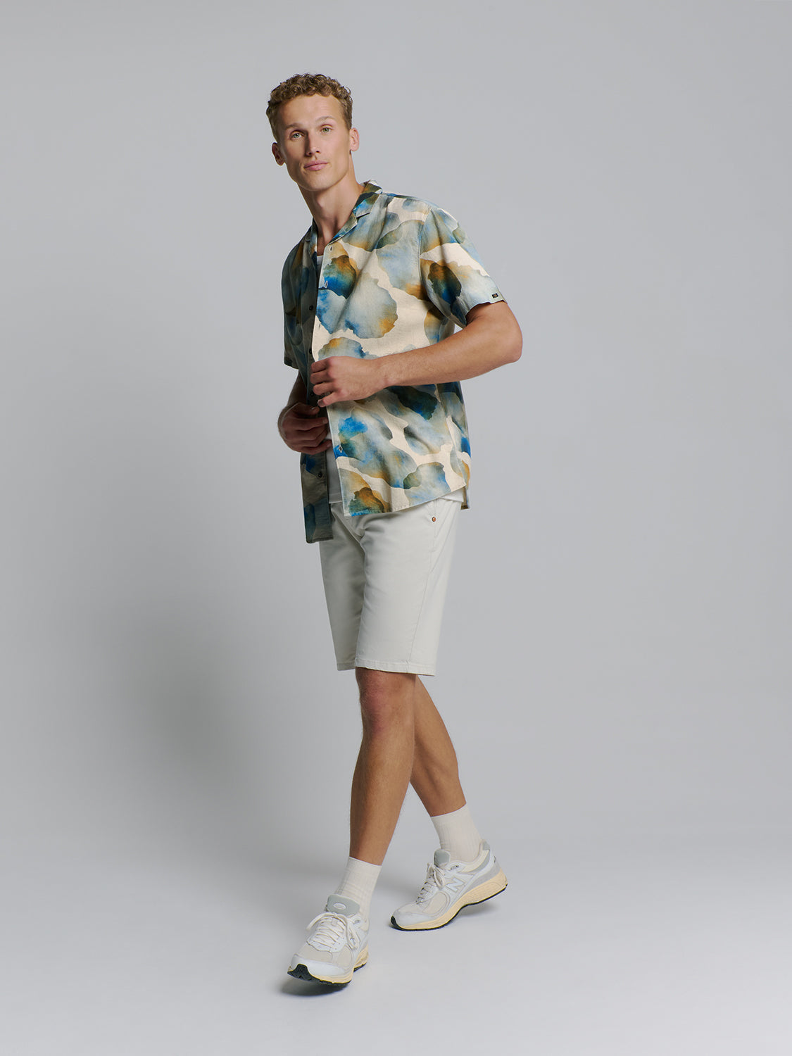 No Excess - Revers Collar Print SS Shirt - Blue