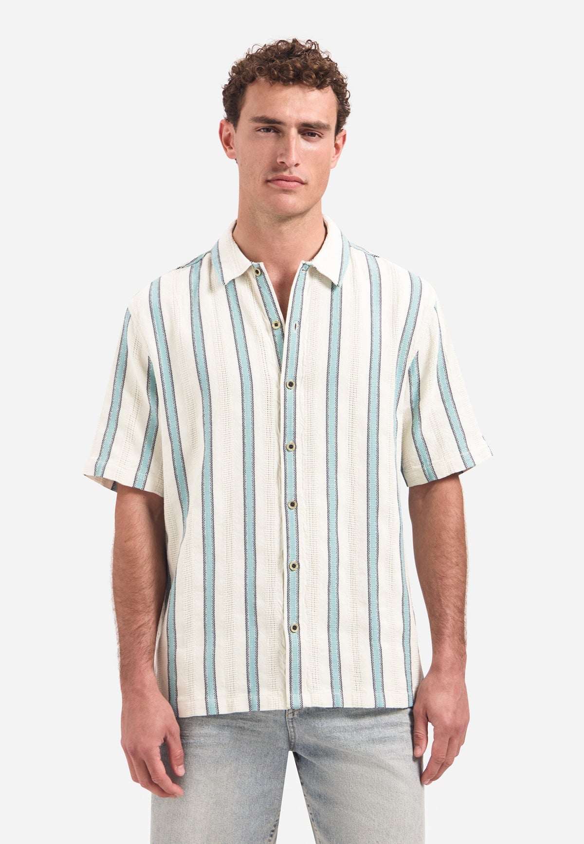 No Excess - Woven Stripe SS Shirt - Seablue