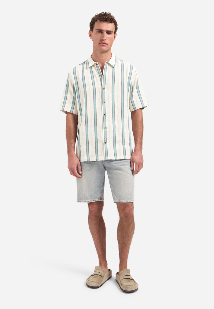 No Excess - Woven Stripe SS Shirt - Seablue