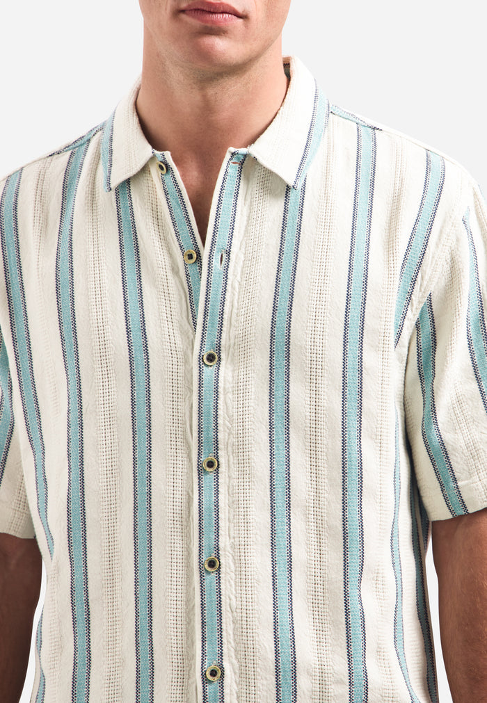 No Excess - Woven Stripe SS Shirt - Seablue