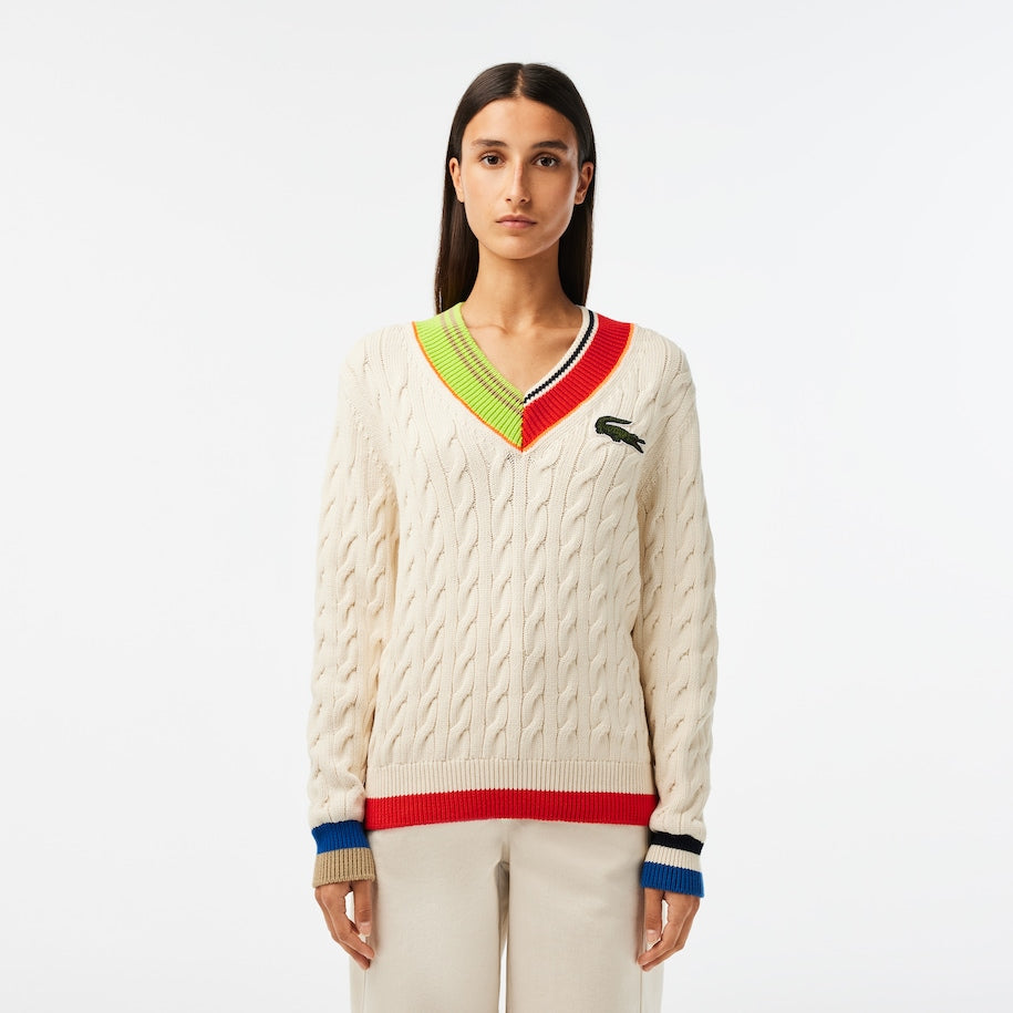 Lacoste - V-Neck Cable Colour Twist Knit - Cream/Multi