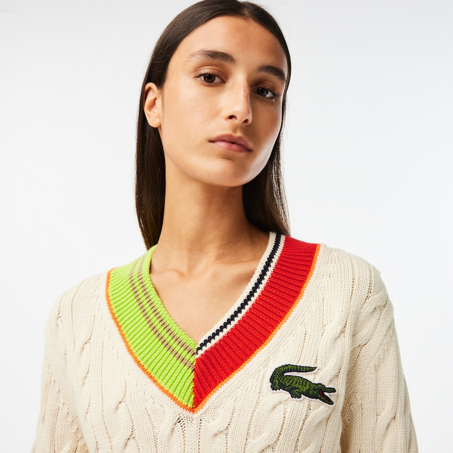 Lacoste - V-Neck Cable Colour Twist Knit - Cream/Multi