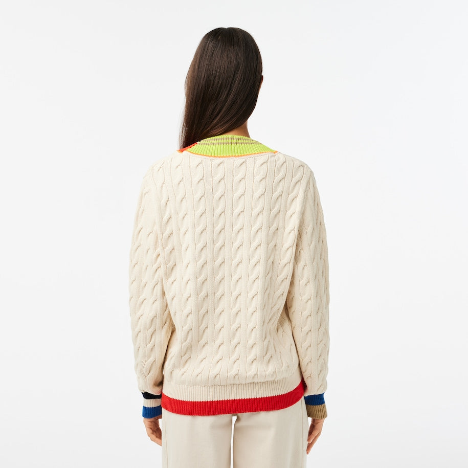 Lacoste - V-Neck Cable Colour Twist Knit - Cream/Multi