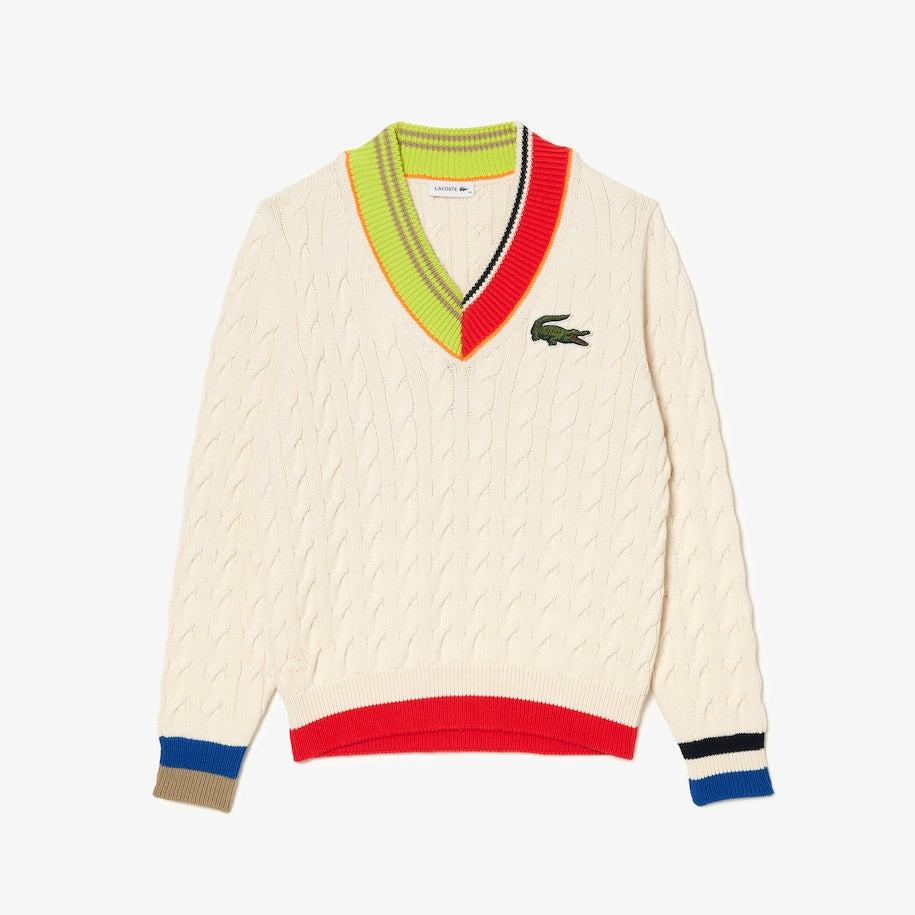 Lacoste - V-Neck Cable Colour Twist Knit - Cream/Multi