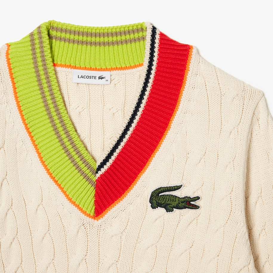 Lacoste - V-Neck Cable Colour Twist Knit - Cream/Multi