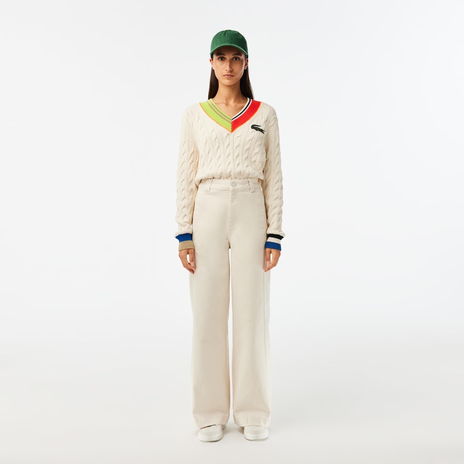 Lacoste - V-Neck Cable Colour Twist Knit - Cream/Multi