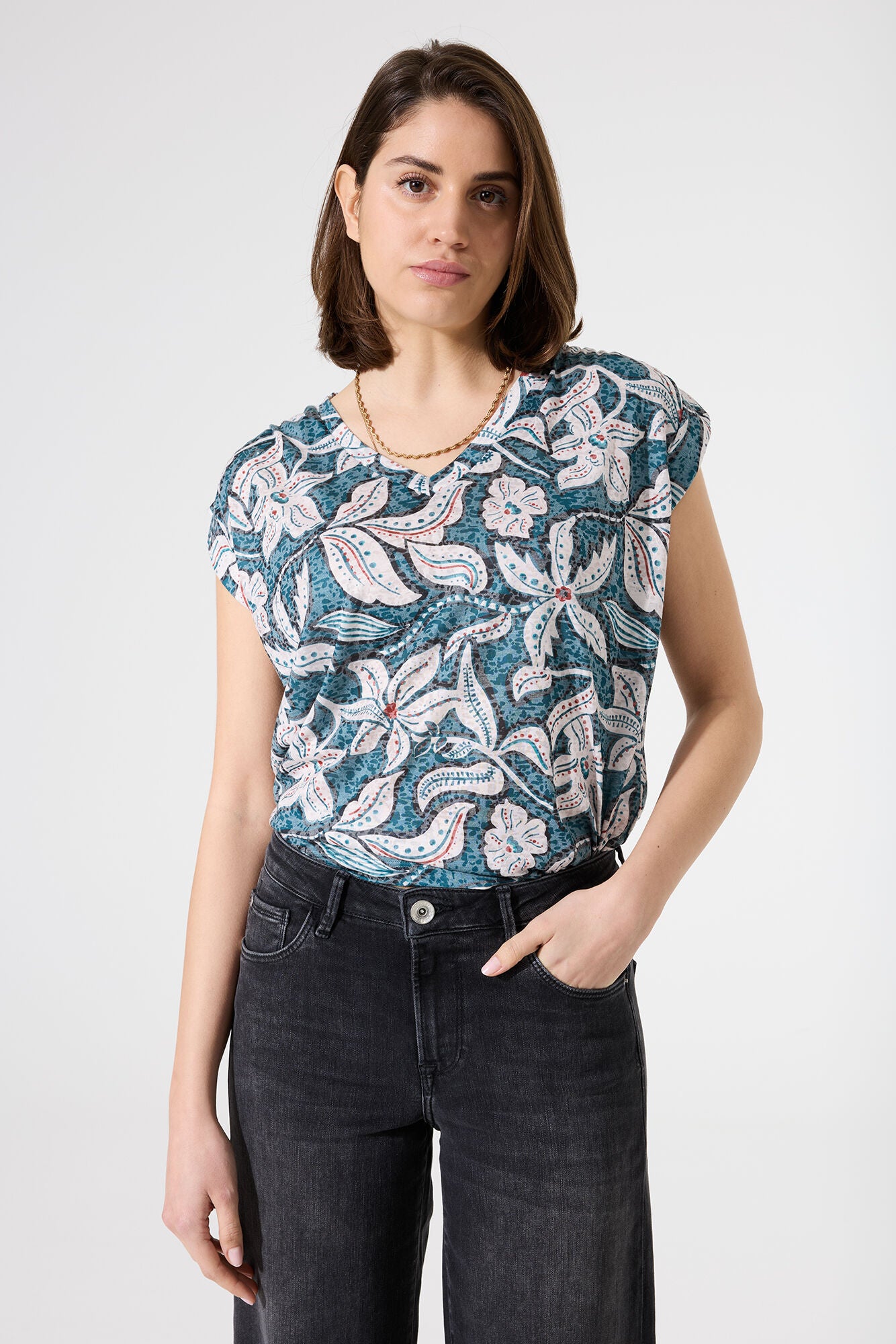 Garcia - Printed V-Neck Tee - Blue Lagoon