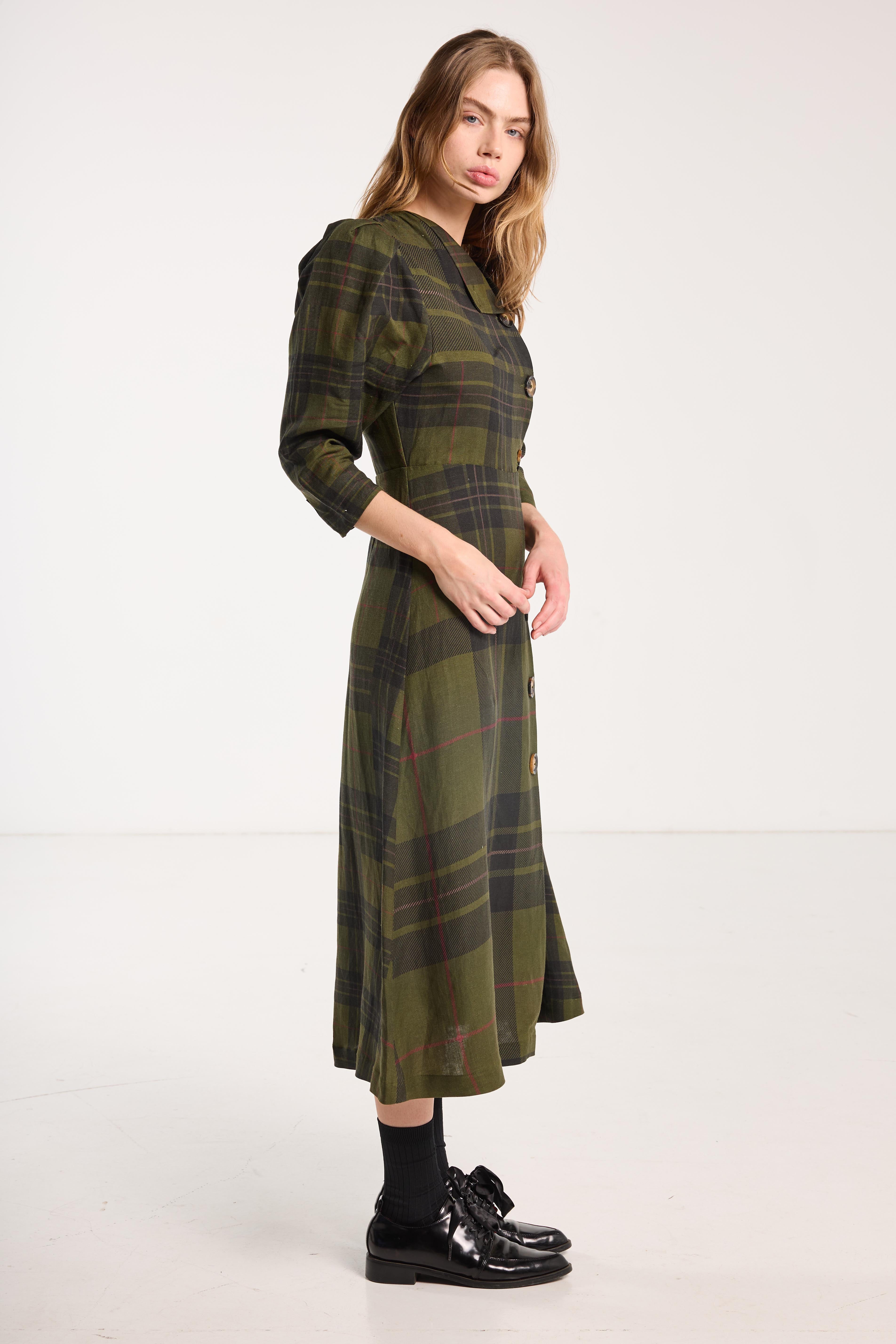 Salasai - Beloved Button Dress - Forest Green Check Linen