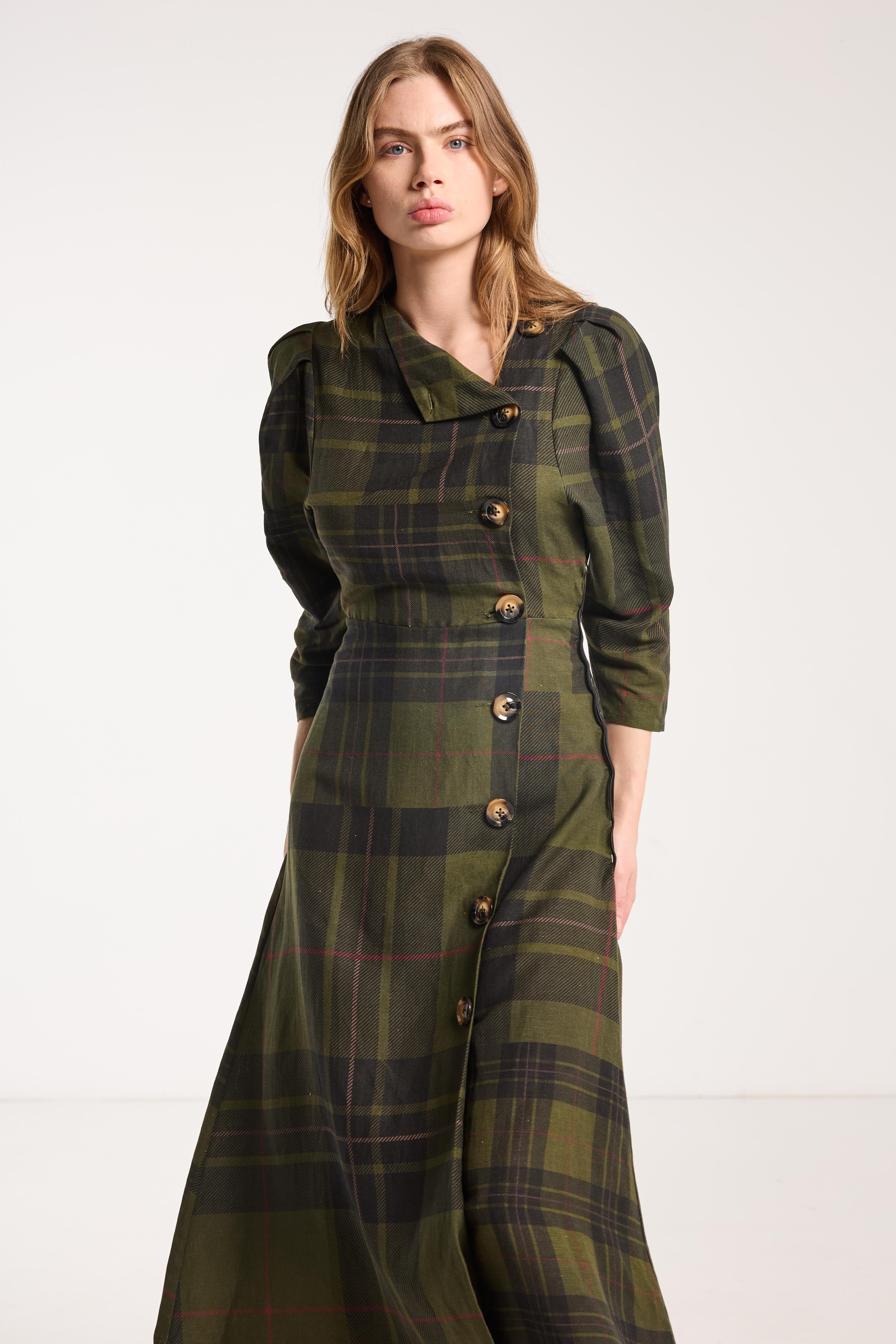 Salasai - Beloved Button Dress - Forest Green Check Linen