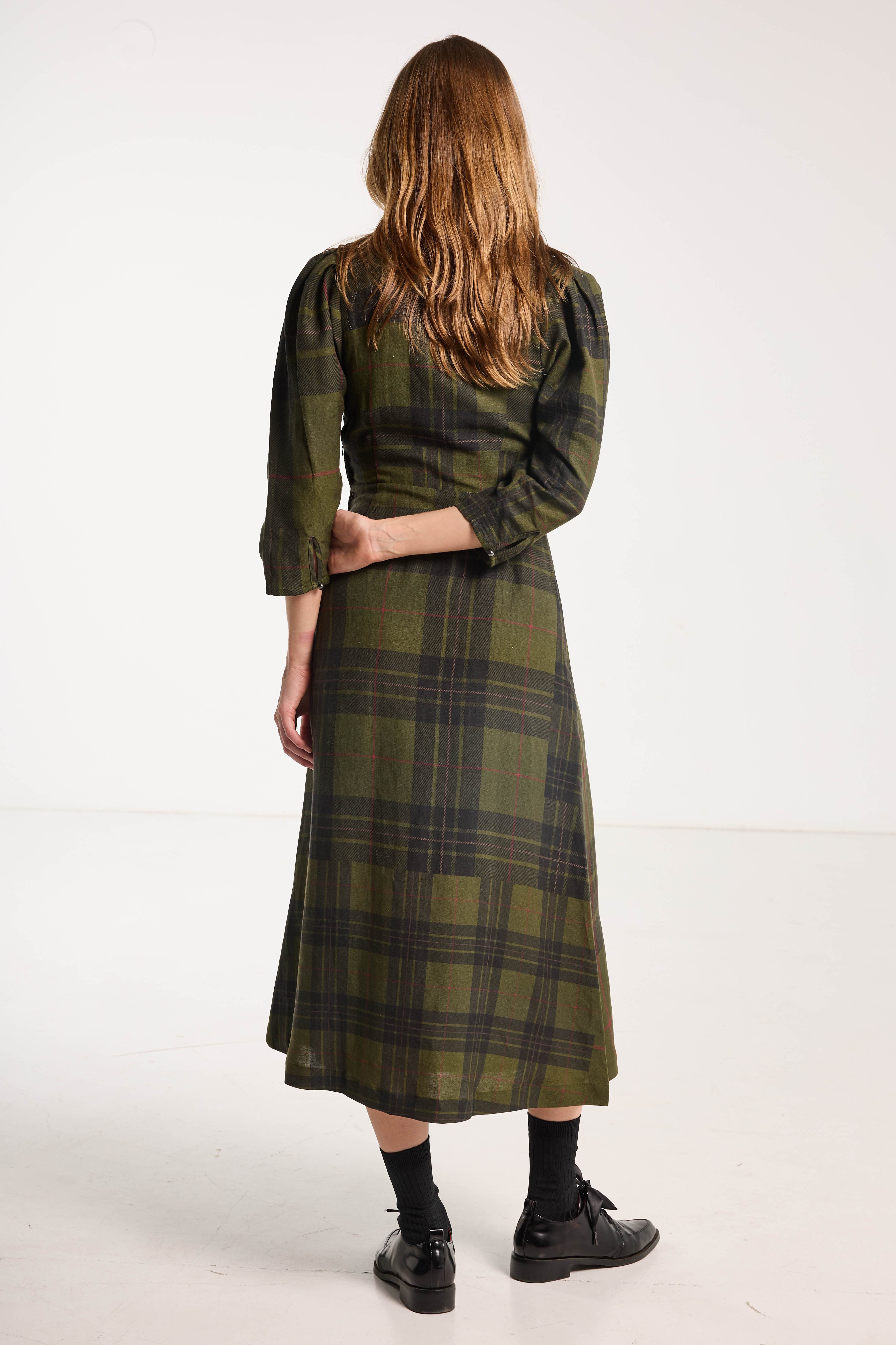 Salasai - Beloved Button Dress - Forest Green Check Linen
