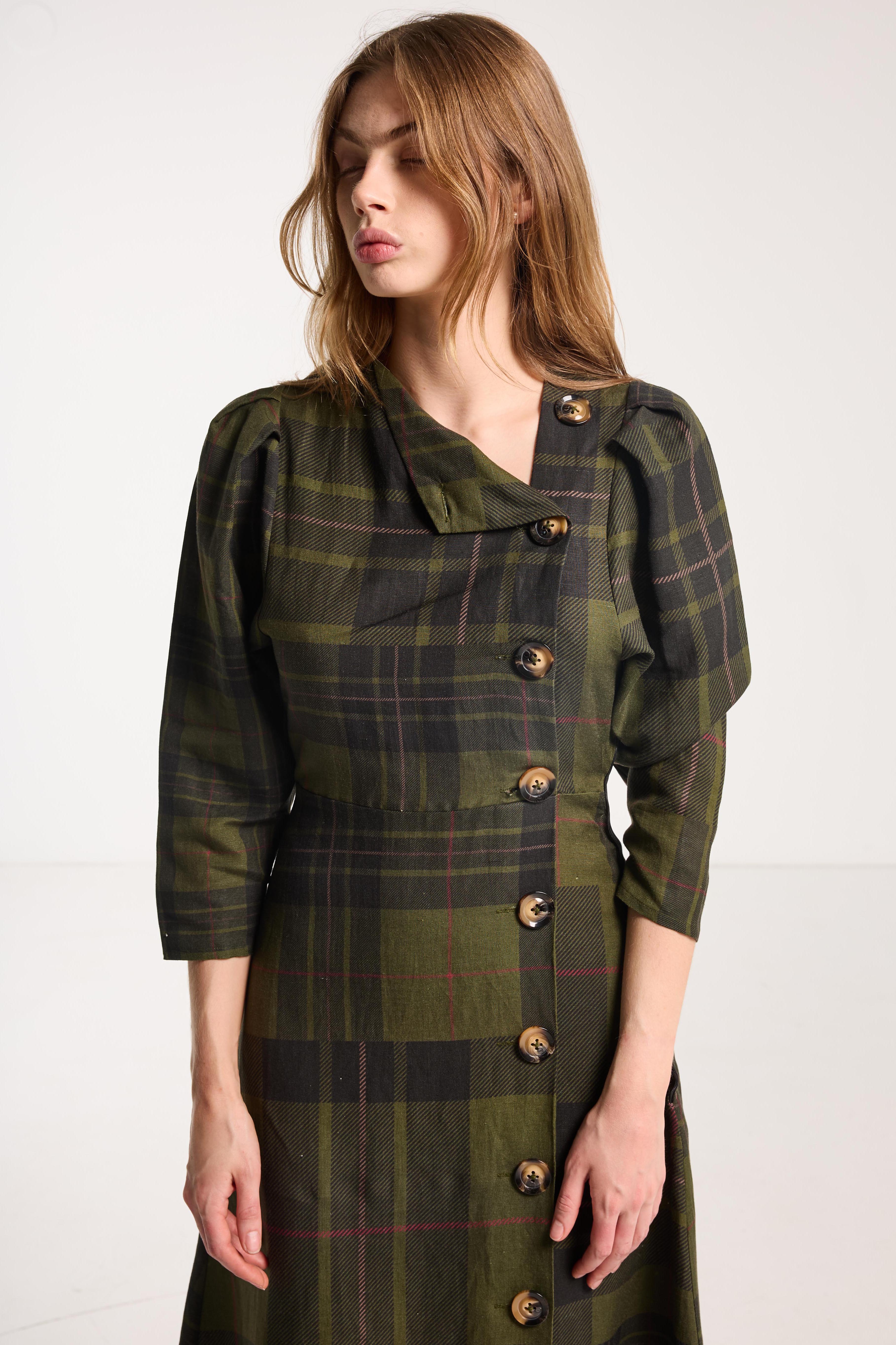 Salasai - Beloved Button Dress - Forest Green Check Linen