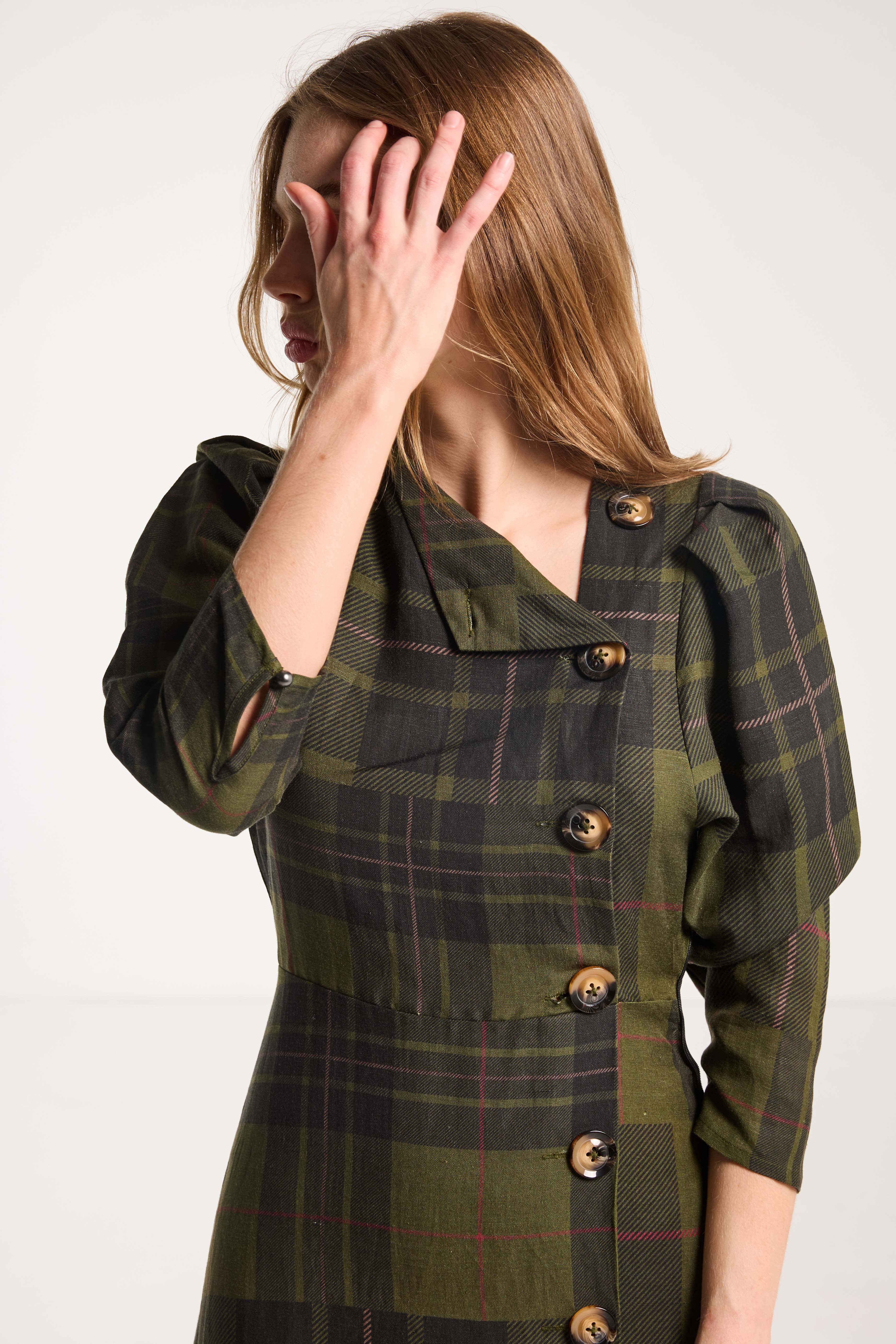 Salasai - Beloved Button Dress - Forest Green Check Linen