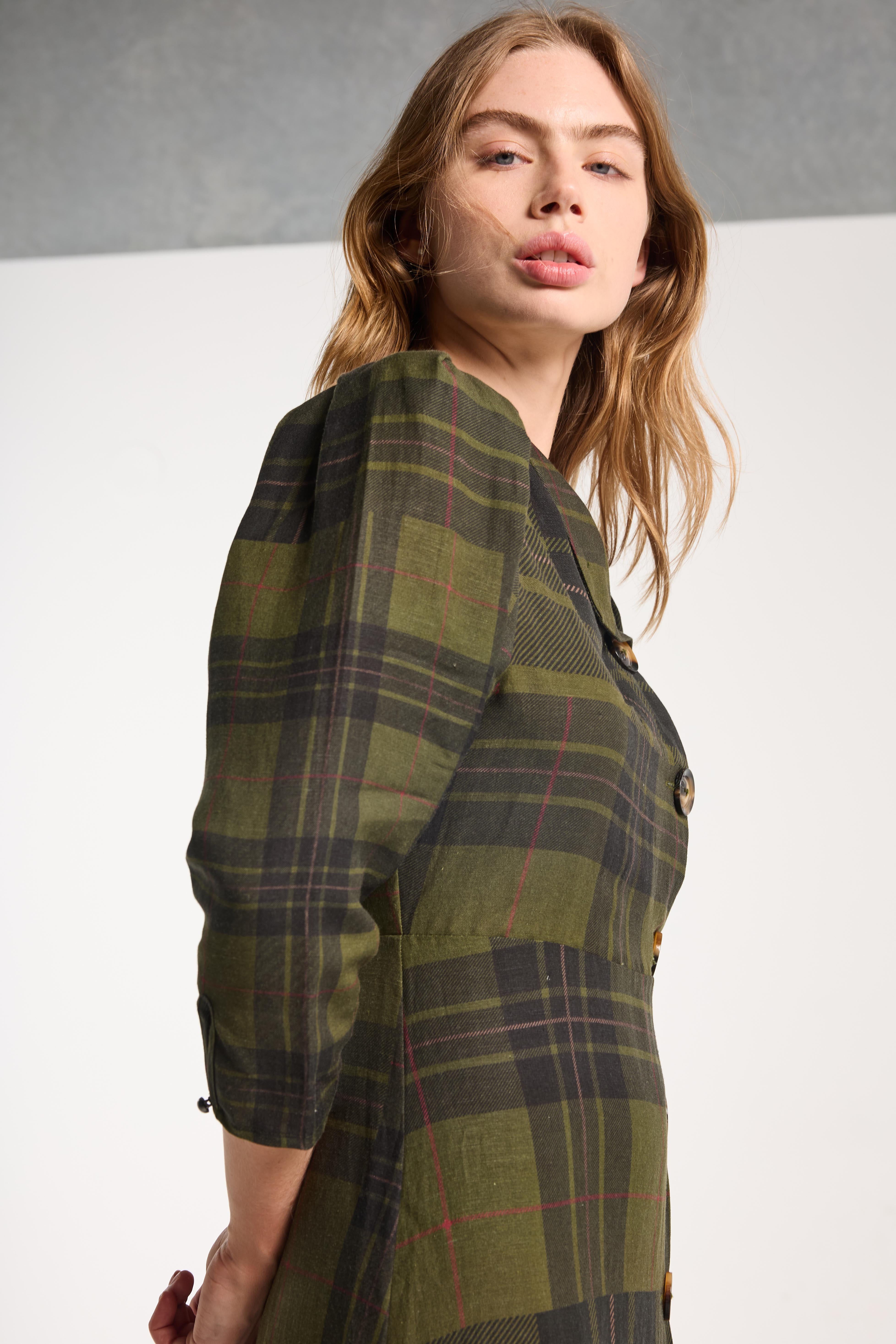 Salasai - Beloved Button Dress - Forest Green Check Linen