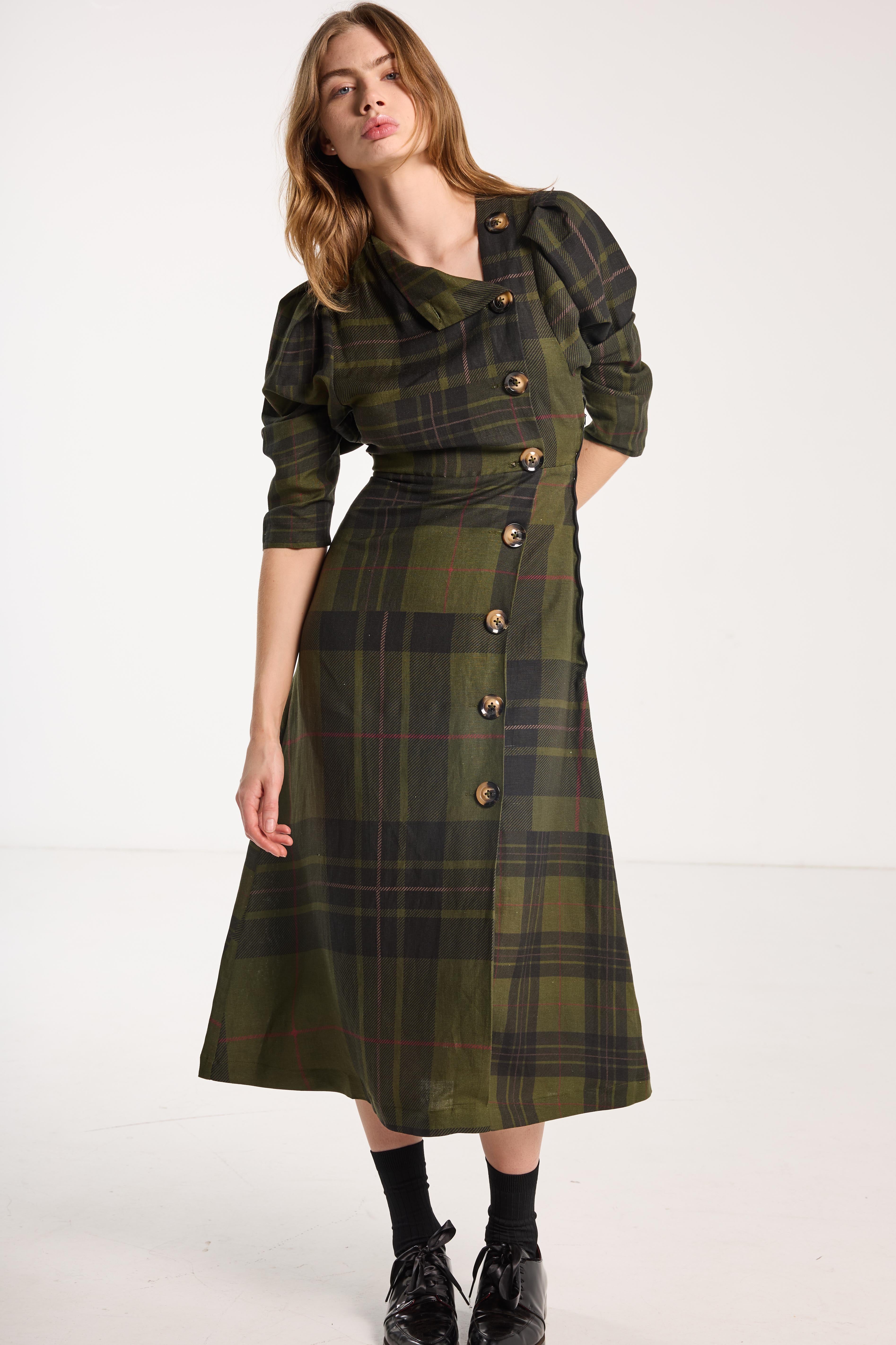 Salasai - Beloved Button Dress - Forest Green Check Linen