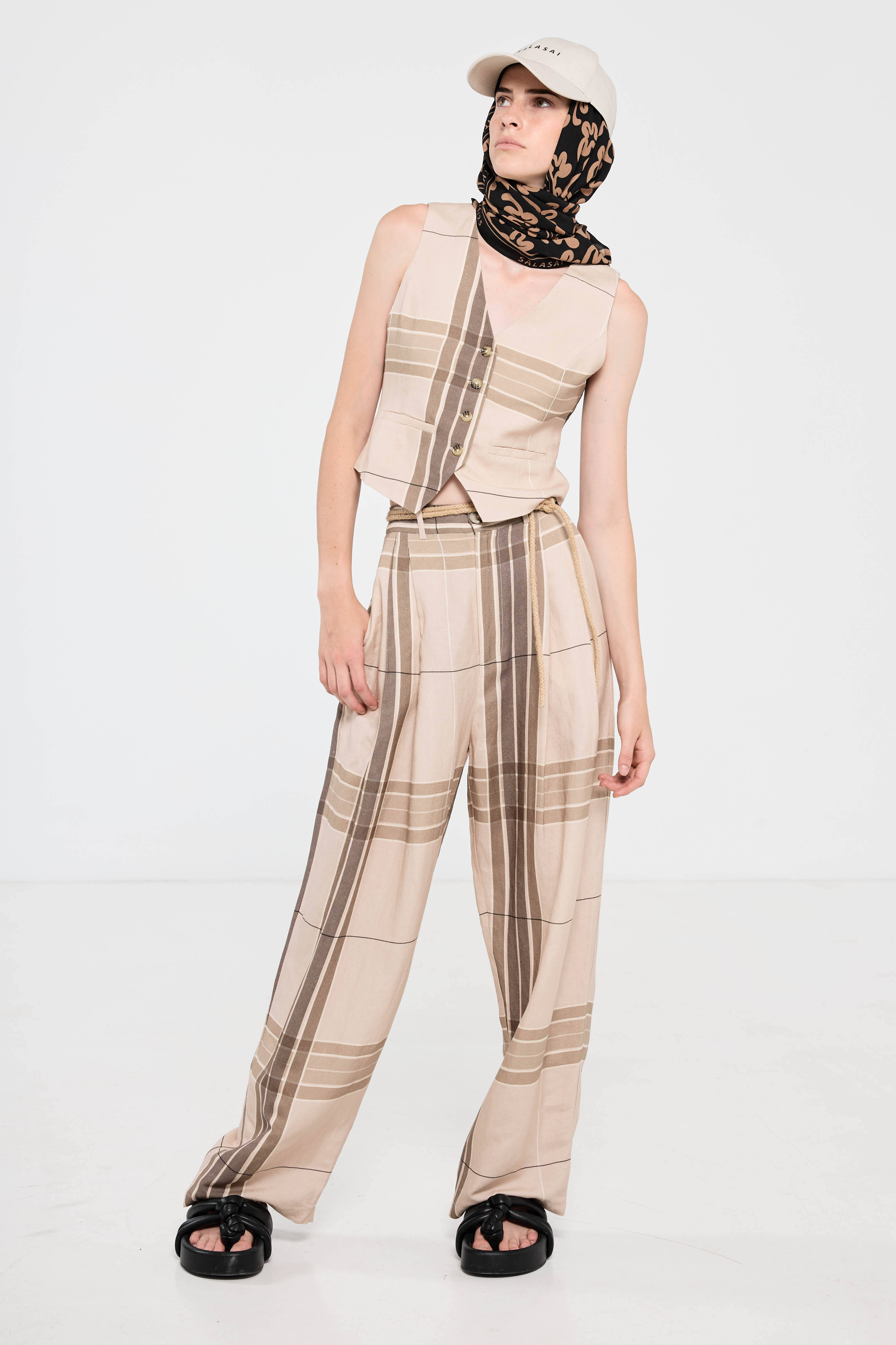 Salasai - Palazzo Waistcoat - Beige Plaid Linen
