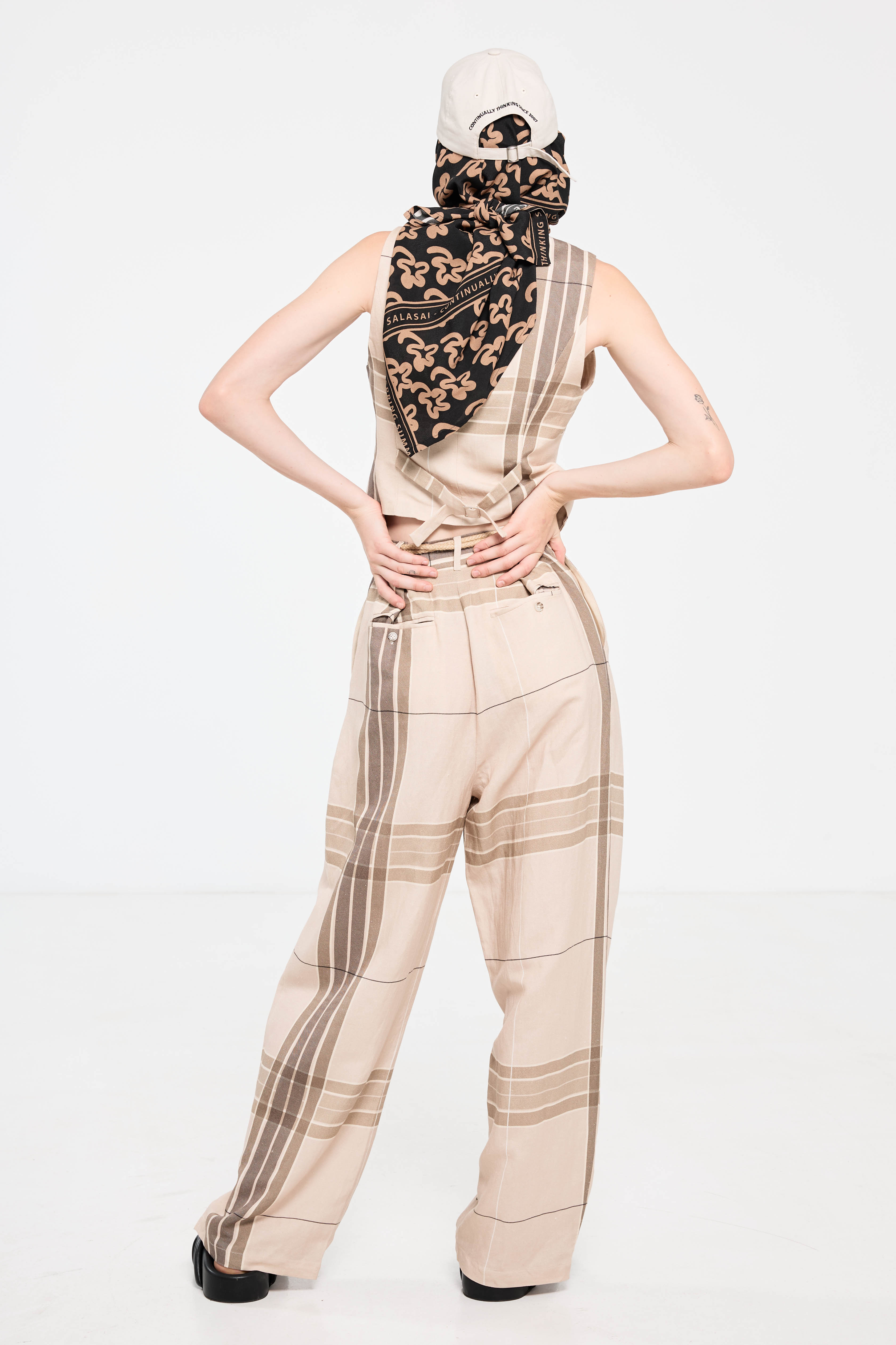 Salasai - Palazzo Waistcoat - Beige Plaid Linen