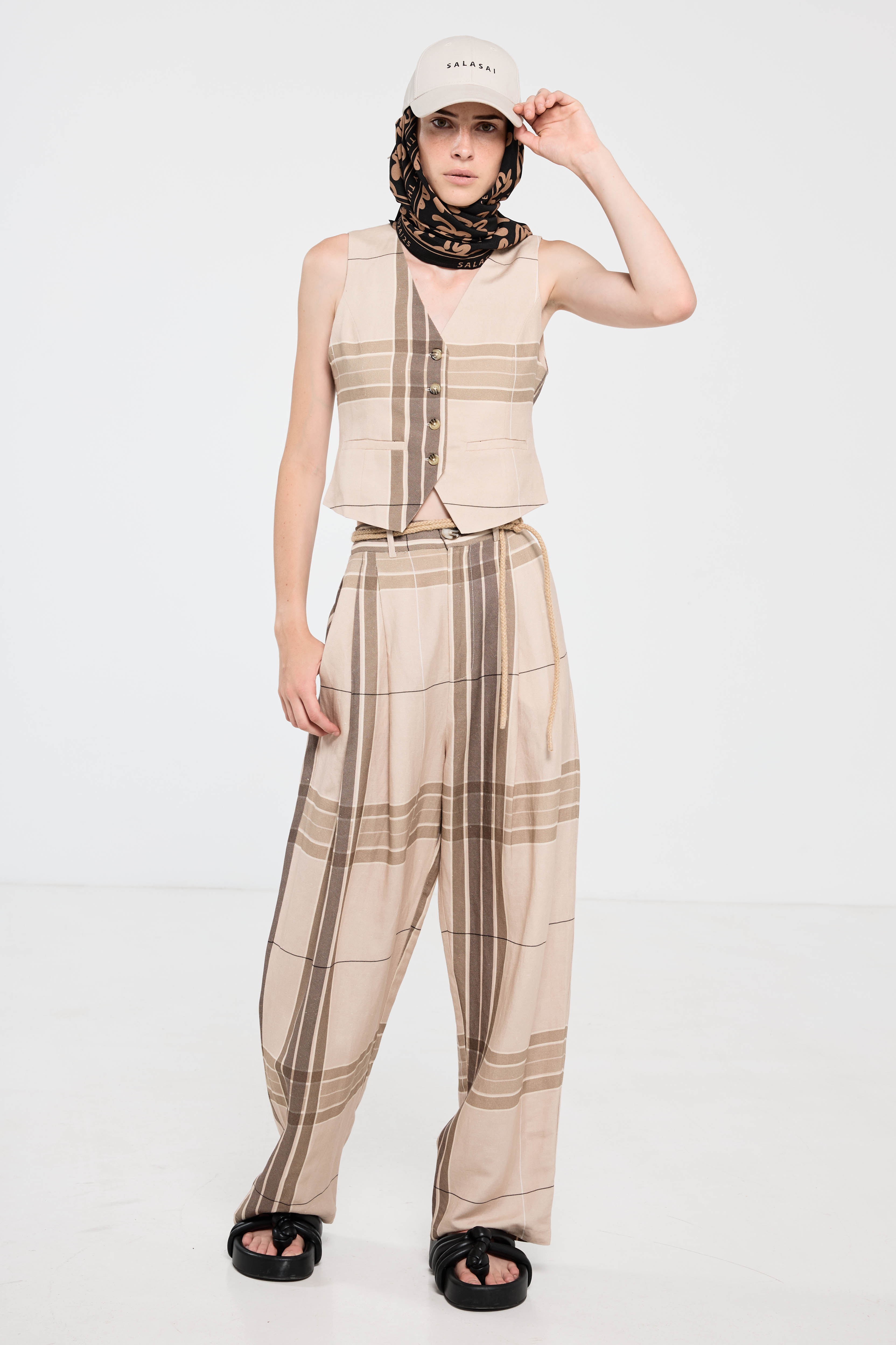 Salasai - Palazzo Waistcoat - Beige Plaid Linen