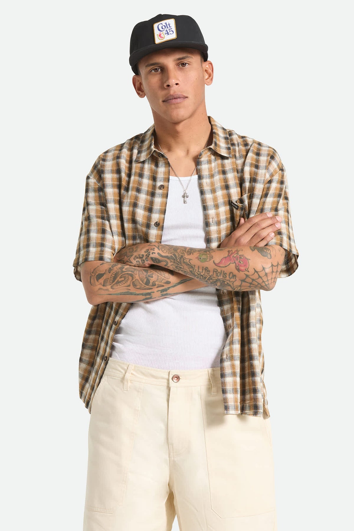 Brixton - Cru Linen Blend Plaid SS Shirt - Black/Tobacco Plaid